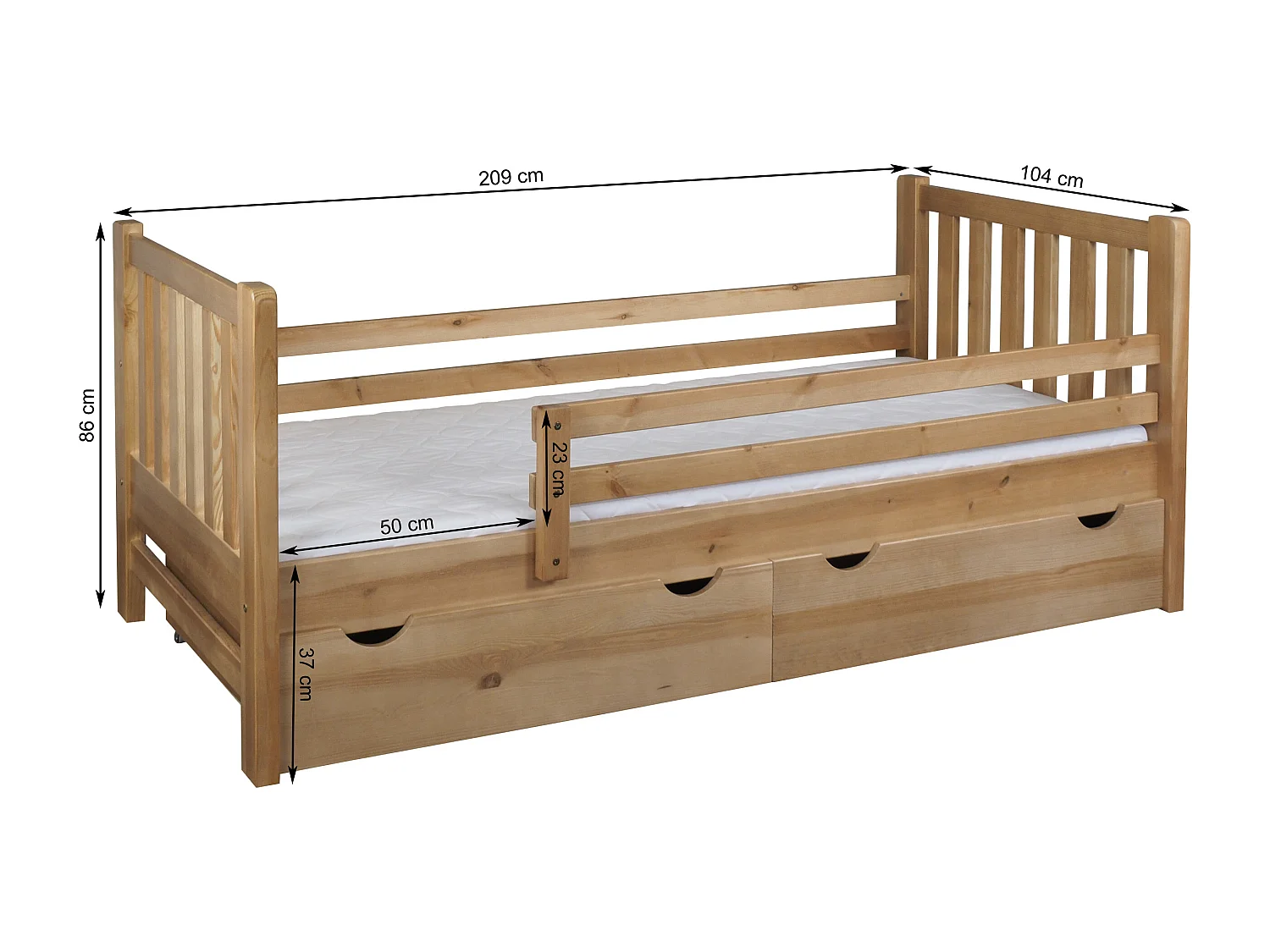 Jugendbett Tina 90x200 aus Holz mit Schubladen, Farbe Eiche