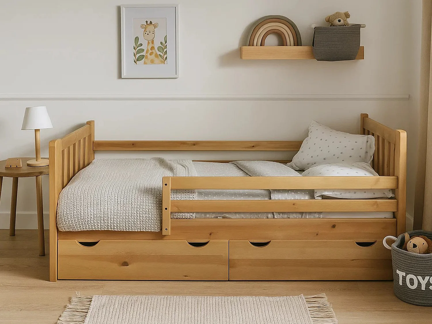 Tina 90x200 lit enfant en bois avec tiroirs, couleur chêne