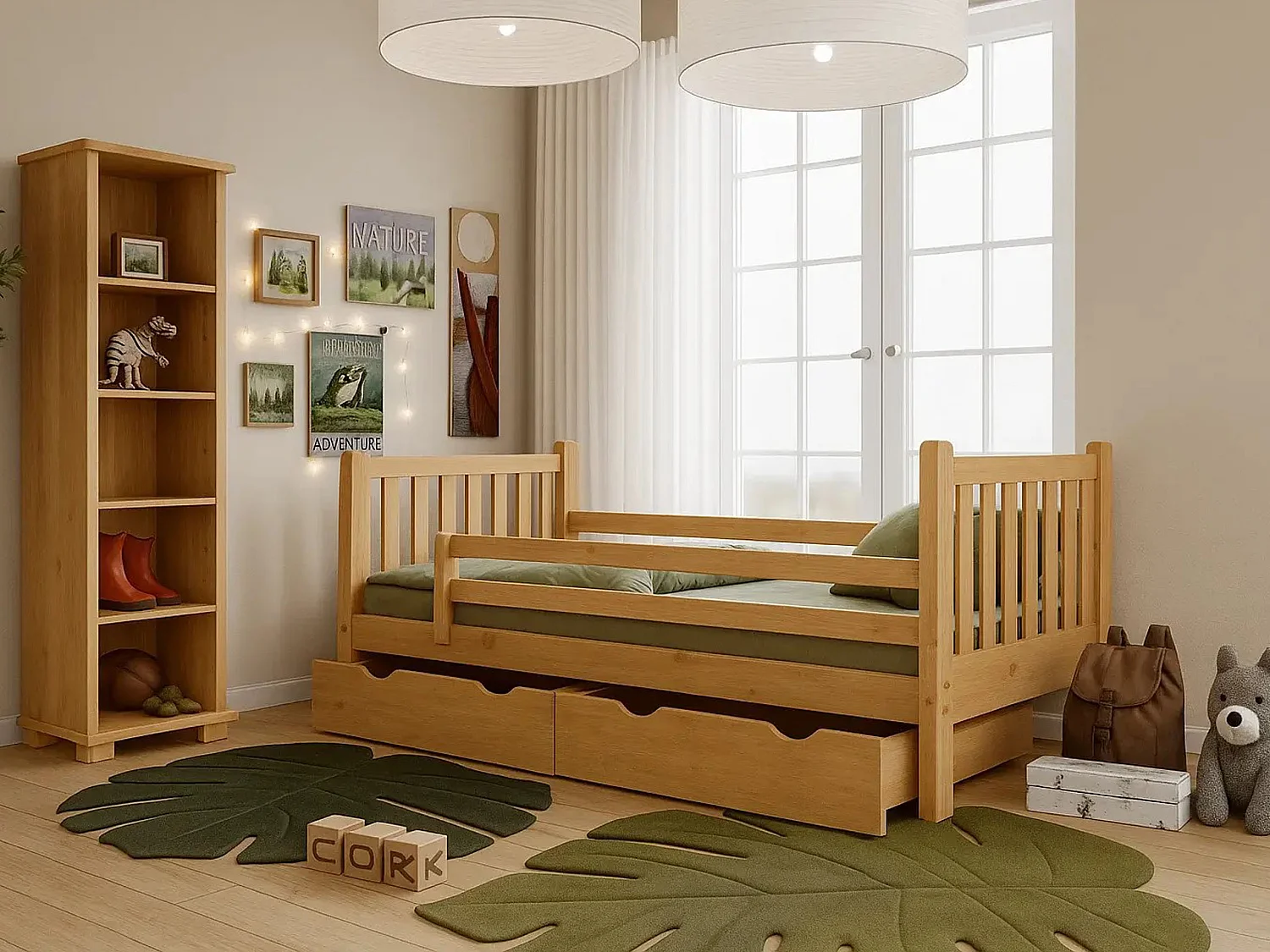 Tina 90x200 lit enfant en bois avec tiroirs, couleur chêne