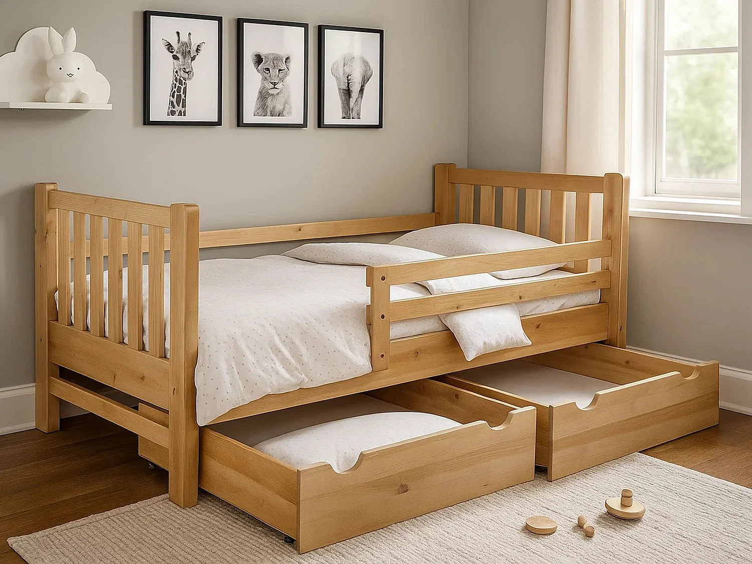 Tina 90x200 lit enfant en bois avec tiroirs, couleur chêne