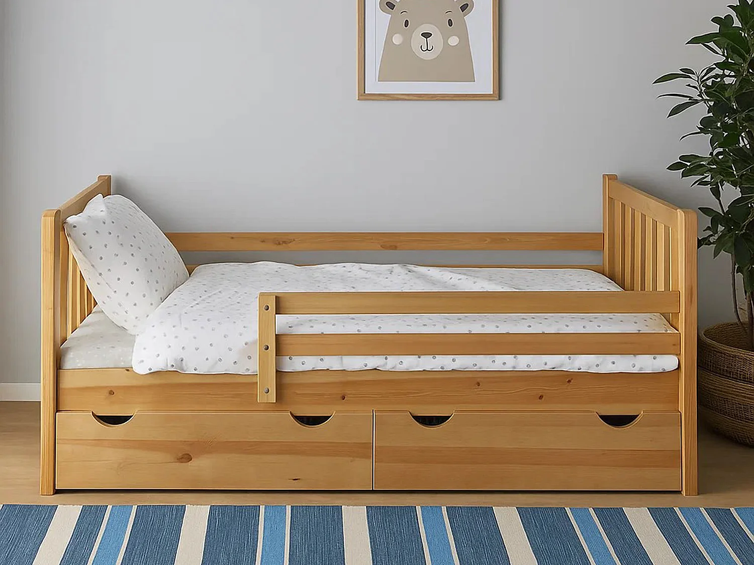 Tina 90x200 lit enfant en bois avec tiroirs, couleur chêne