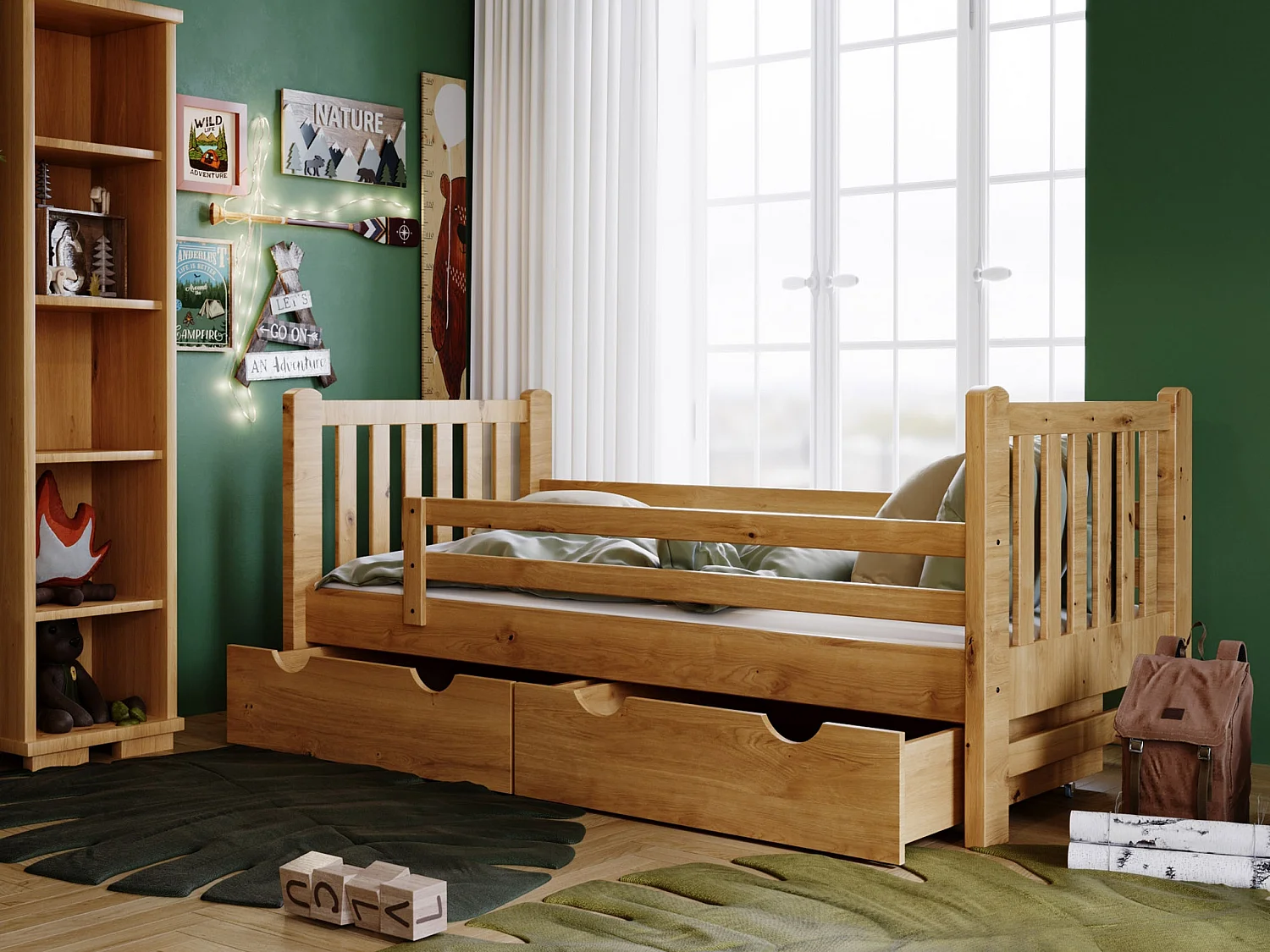 Tina 90x200 lit enfant en bois avec tiroirs, couleur chêne
