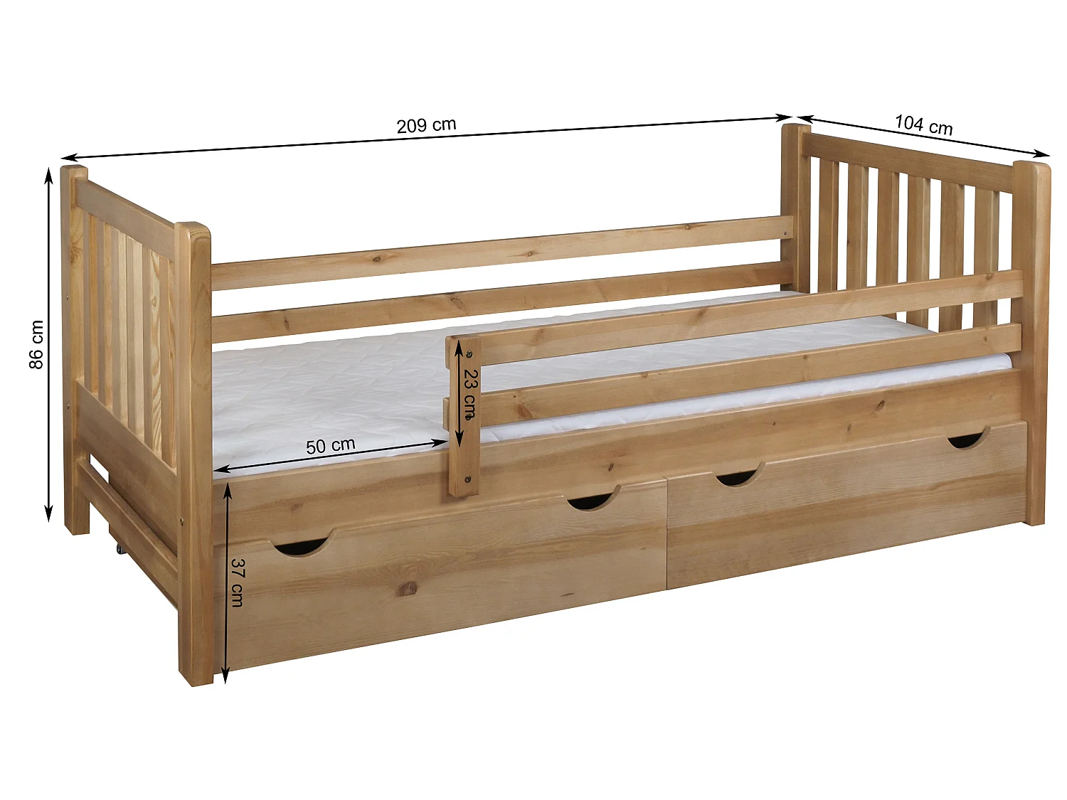 Tina 90x200 lit enfant en bois avec tiroirs, couleur chêne