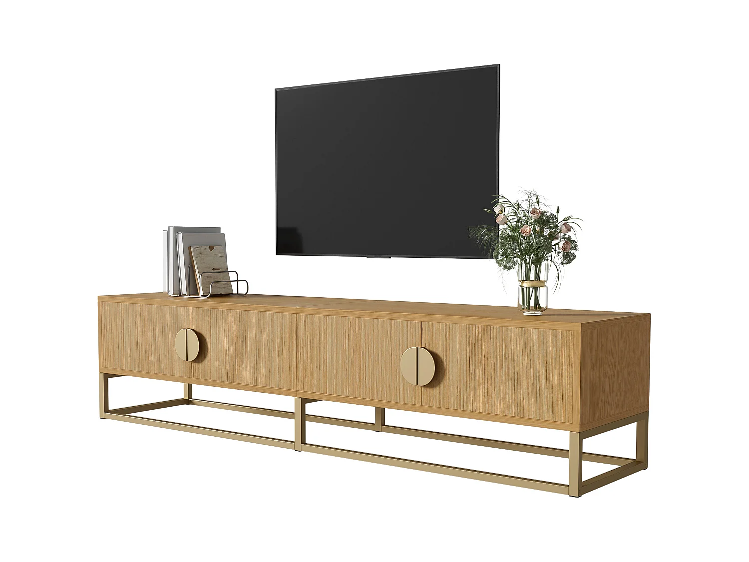 Mobile TV con 4 cassetti - 180 x 40 x 40 cm - Maniglie semicircolari - MDF e truciolare - Naturale
