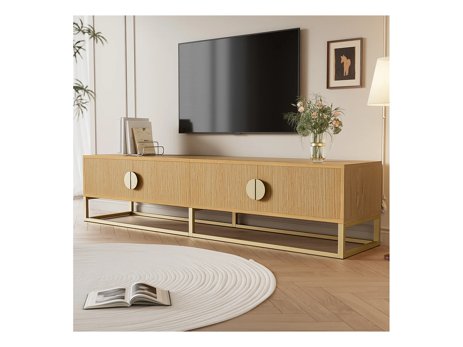 Mobile TV con 4 cassetti - 180 x 40 x 40 cm - Maniglie semicircolari - MDF e truciolare - Naturale