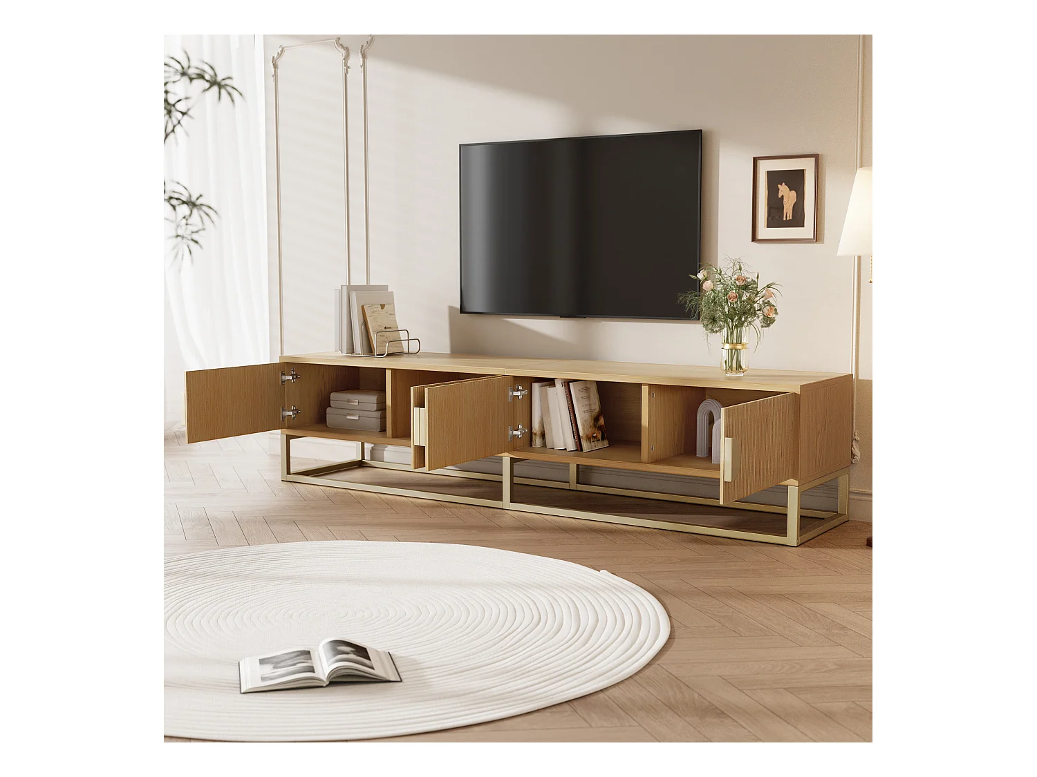 Mobile TV con 4 cassetti - 180 x 40 x 40 cm - Maniglie semicircolari - MDF e truciolare - Naturale