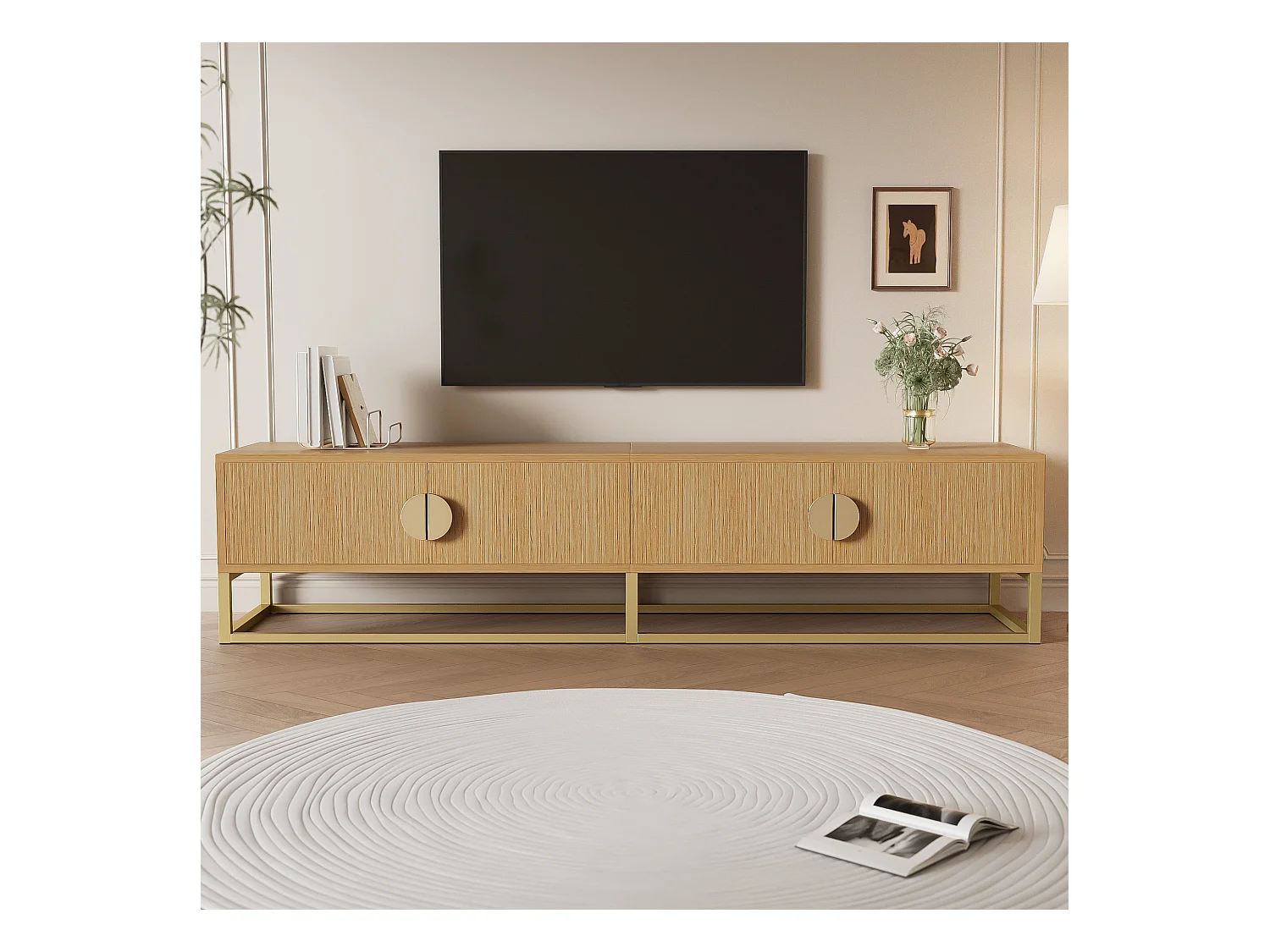 Mobile TV con 4 cassetti - 180 x 40 x 40 cm - Maniglie semicircolari - MDF e truciolare - Naturale