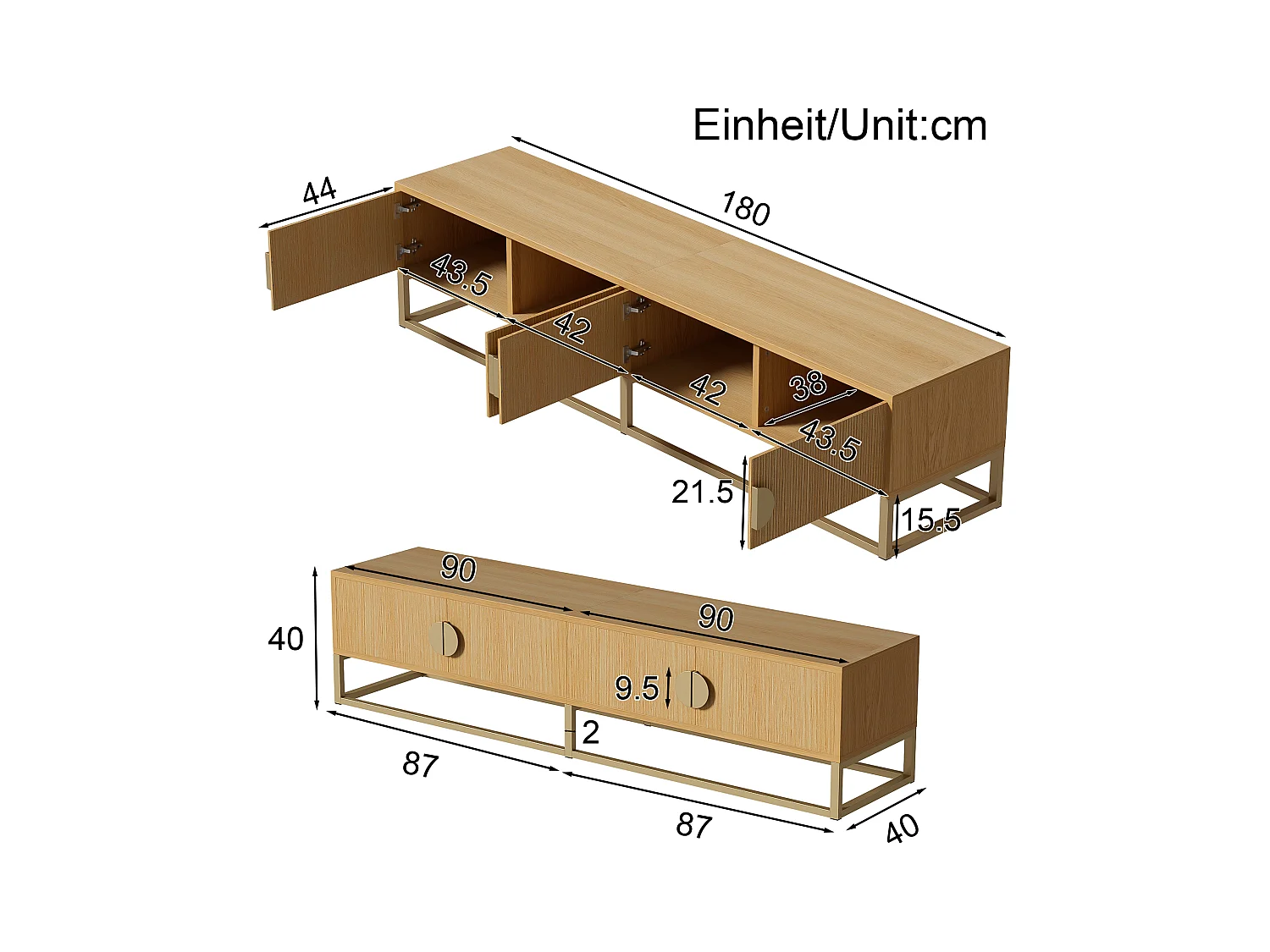 Mobile TV con 4 cassetti - 180 x 40 x 40 cm - Maniglie semicircolari - MDF e truciolare - Naturale