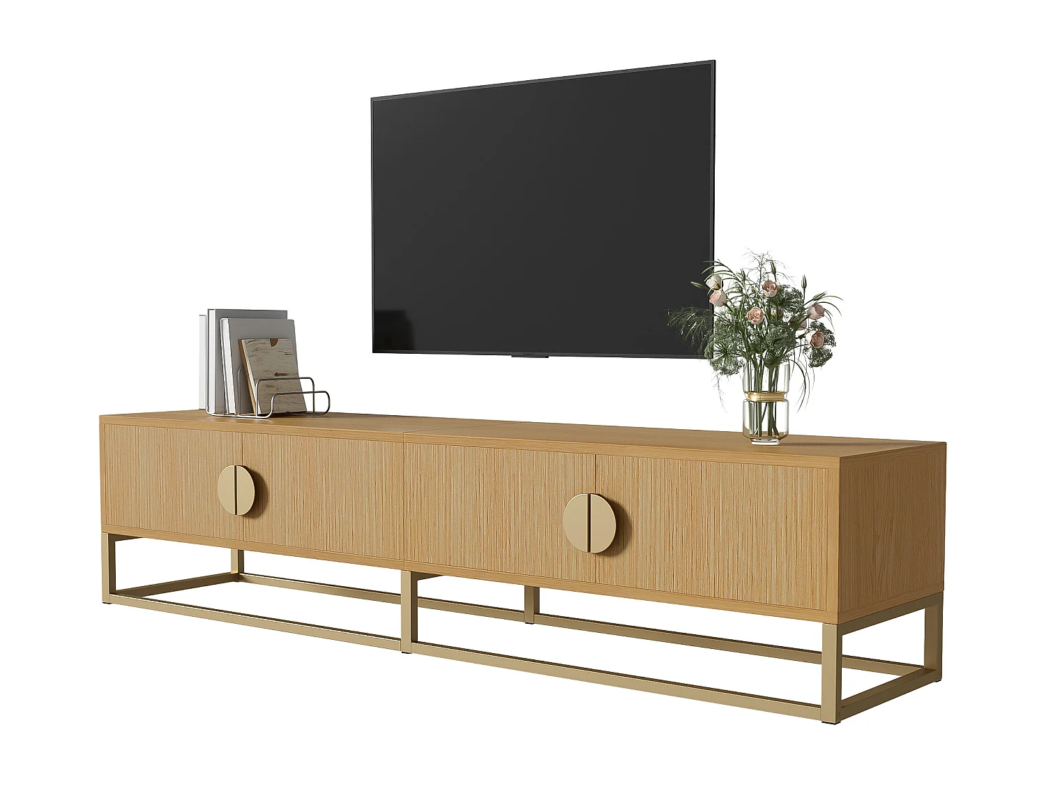 Mobile TV con 4 cassetti - 180 x 40 x 40 cm - Maniglie semicircolari - MDF e truciolare - Naturale