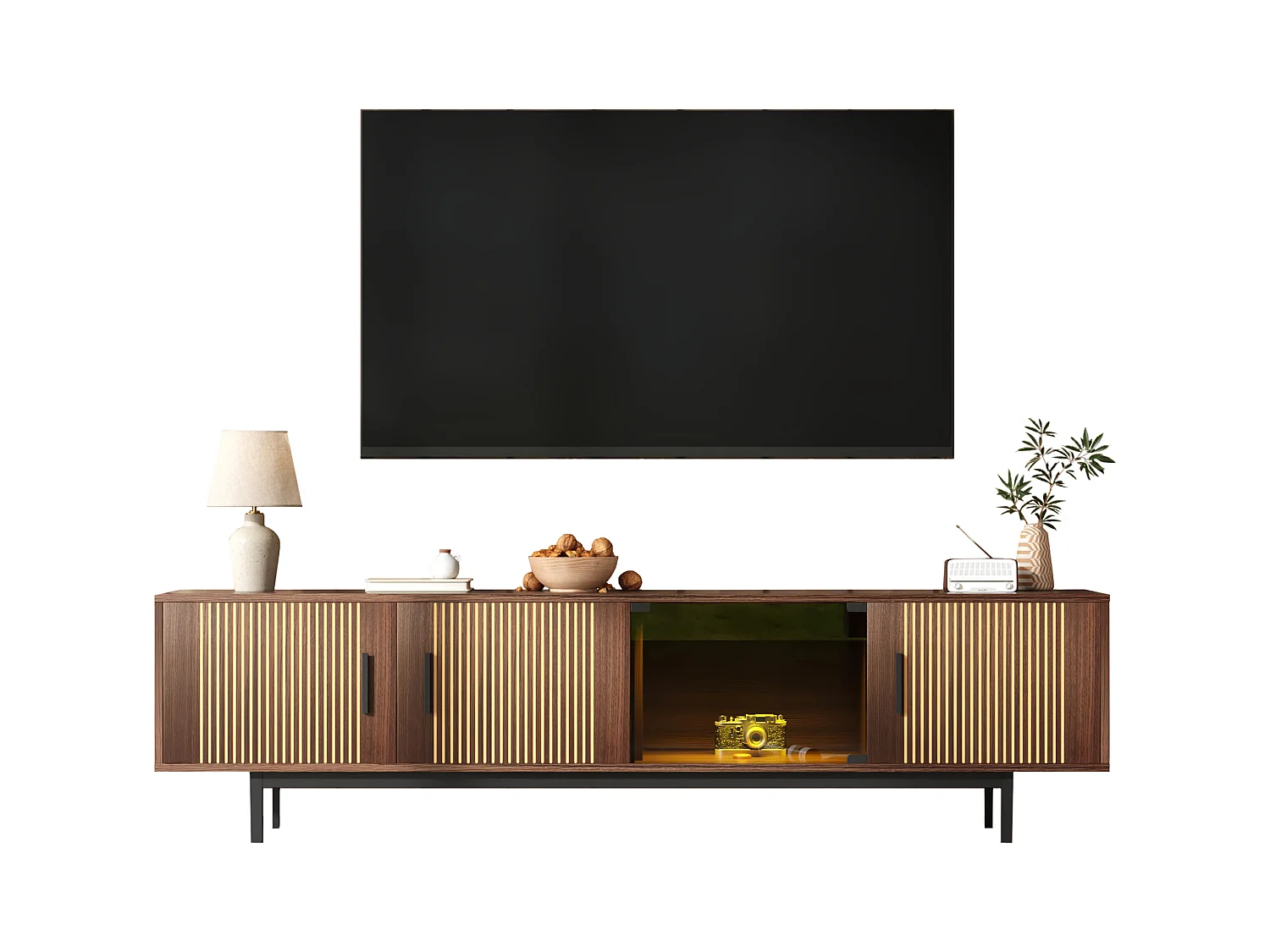 Meuble TV avec 3 portes en bois et 1 porte en verre - 200 x 35 x 53 cm - LEDs - MDF et panneaux de particules - Noir et nois