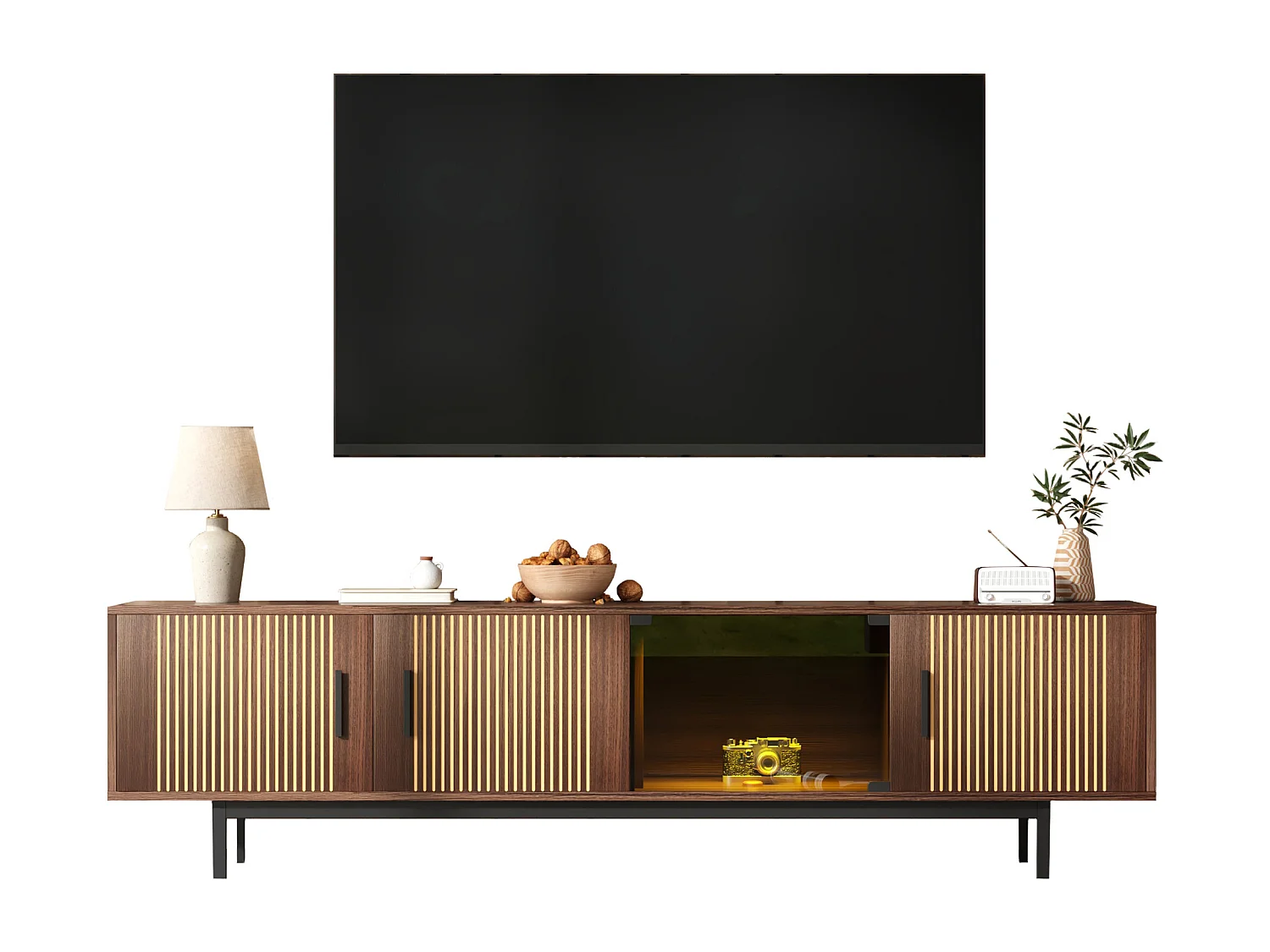 Meuble TV avec 3 portes en bois et 1 porte en verre - 200 x 35 x 53 cm - LEDs - MDF et panneaux de particules - Noir et nois
