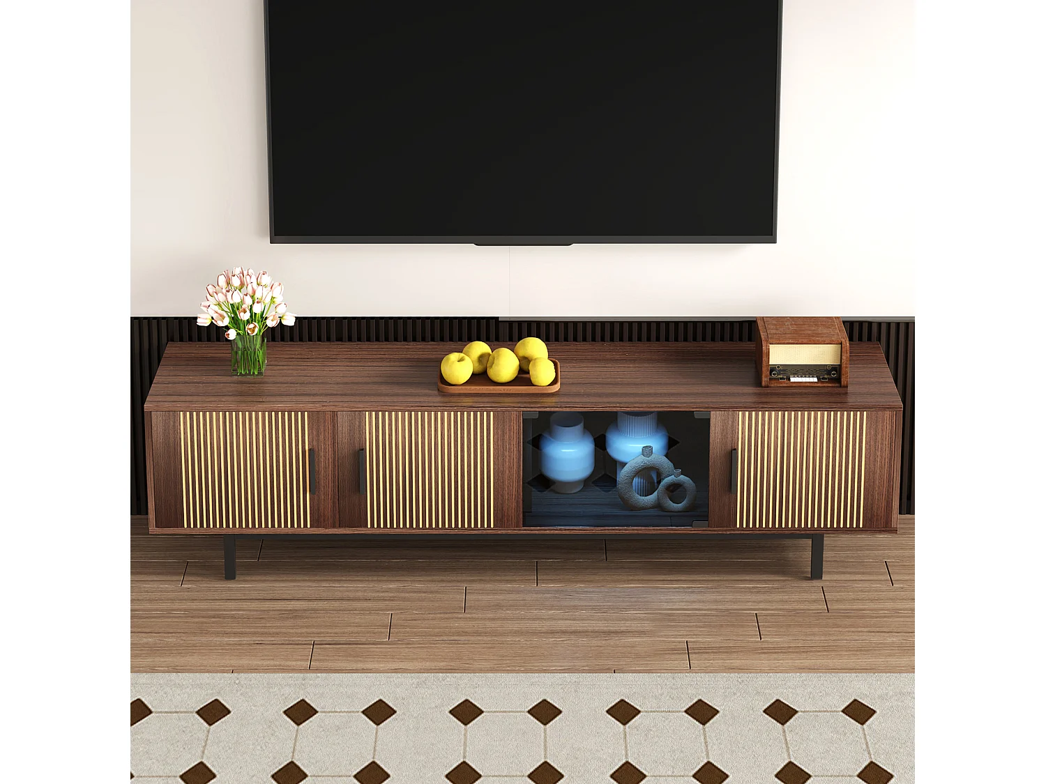 Meuble TV avec 3 portes en bois et 1 porte en verre - 200 x 35 x 53 cm - LEDs - MDF et panneaux de particules - Noir et nois