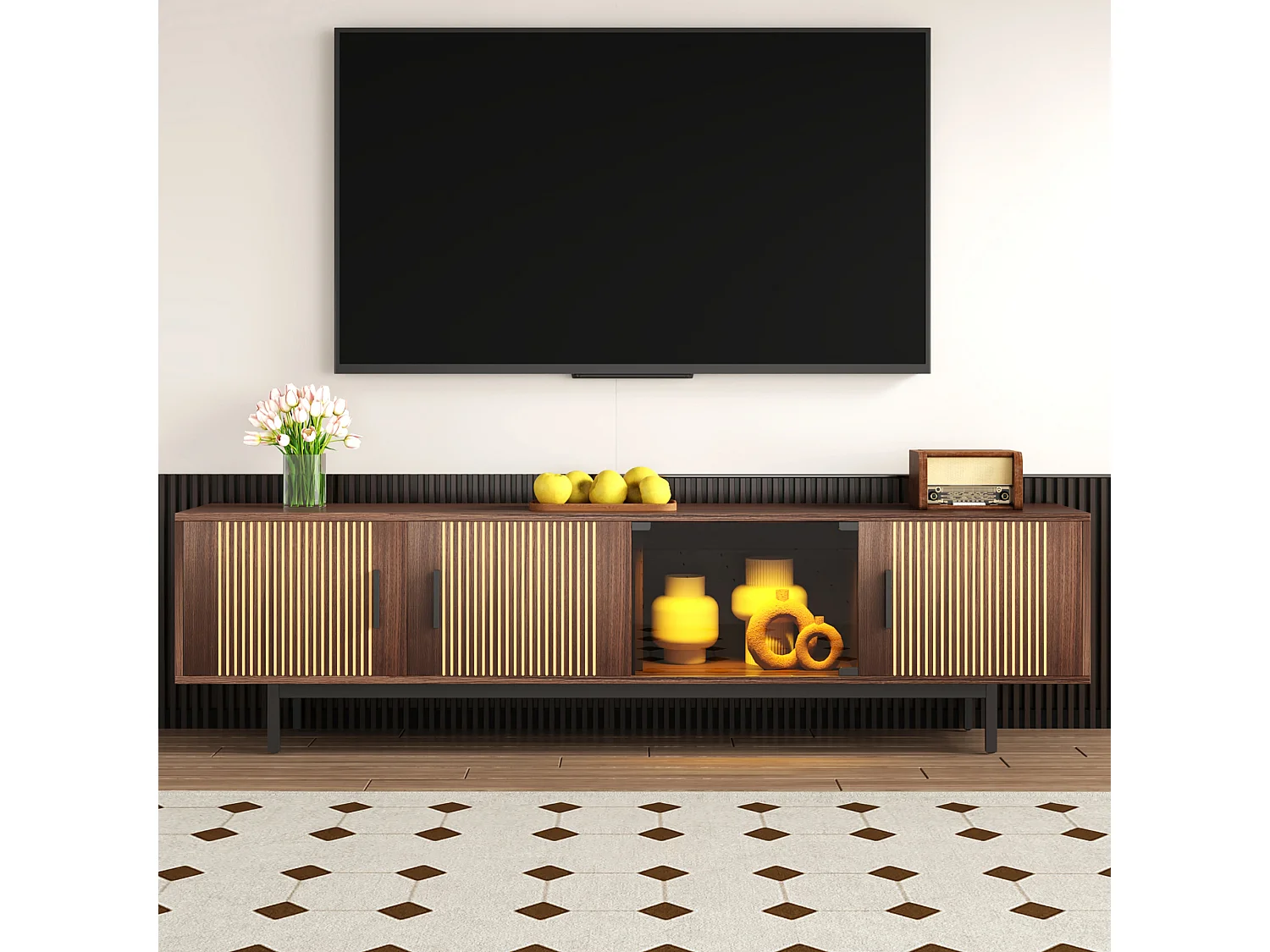 Meuble TV avec 3 portes en bois et 1 porte en verre - 200 x 35 x 53 cm - LEDs - MDF et panneaux de particules - Noir et nois