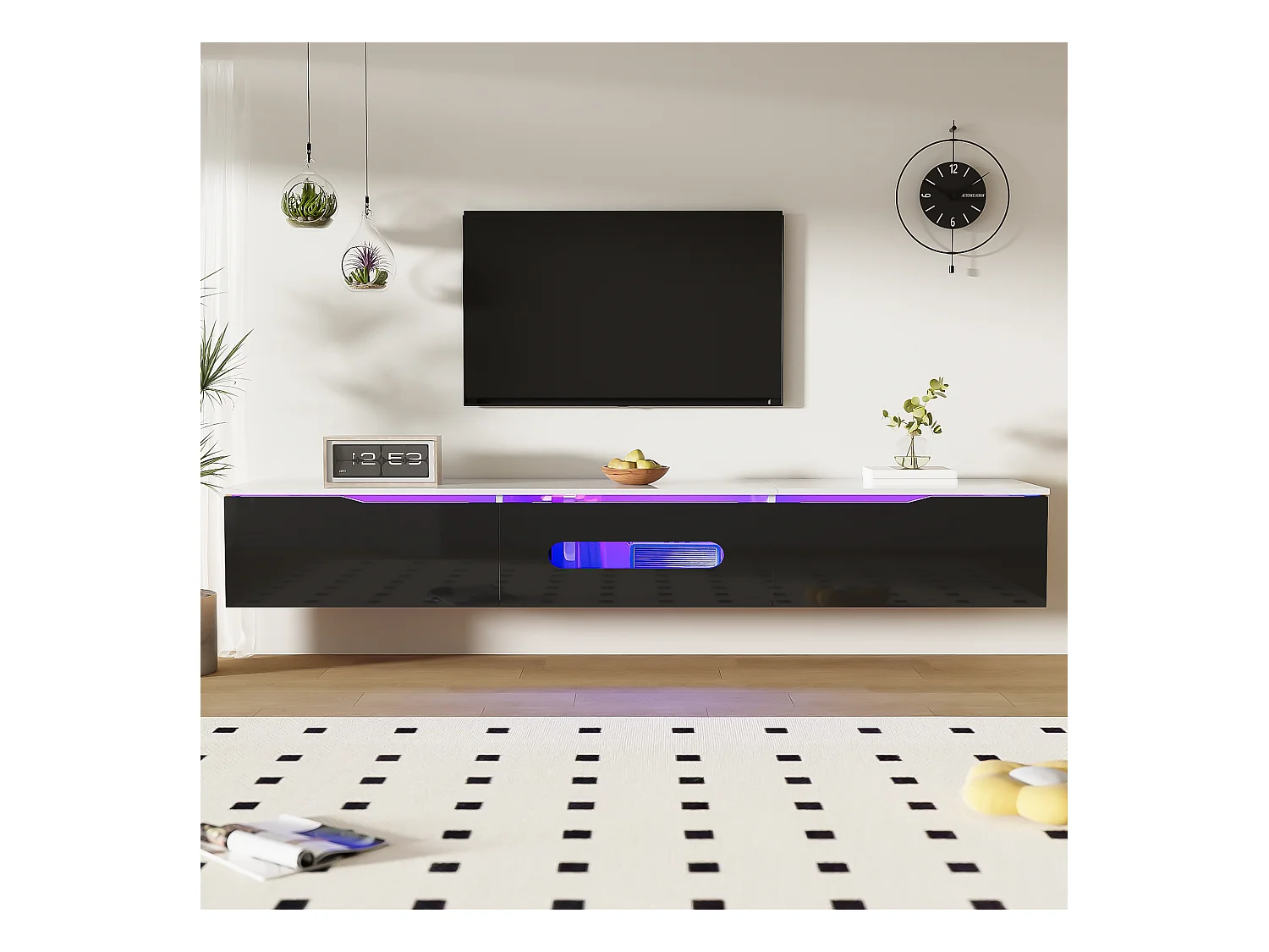 Meuble TV suspendu avec 3 portes - 180 x 35 x 30 cm - LEDs - MDF et panneau de particules - Blanc et noir brillant