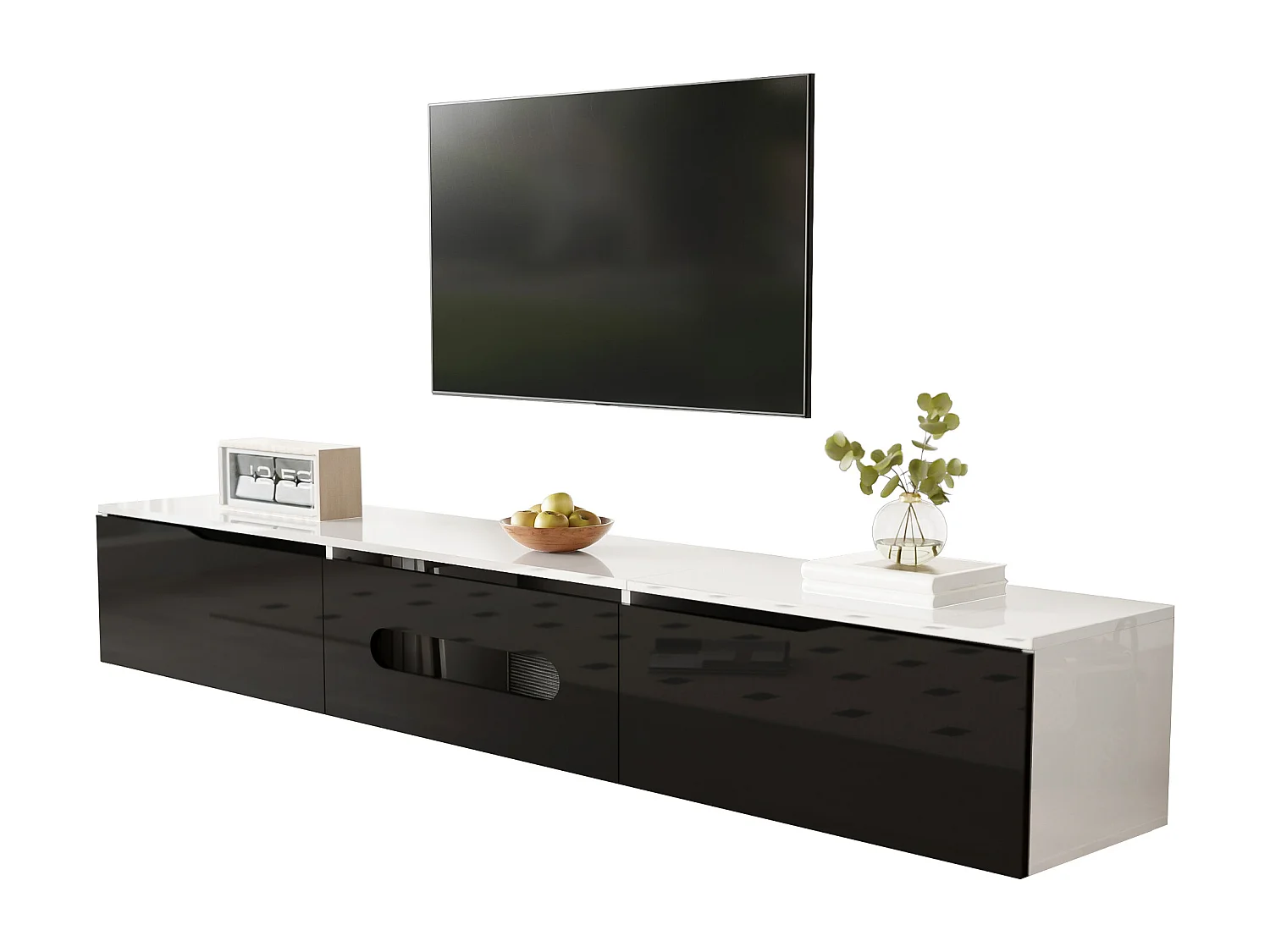 Meuble TV suspendu avec 3 portes - 180 x 35 x 30 cm - LEDs - MDF et panneau de particules - Blanc et noir brillant