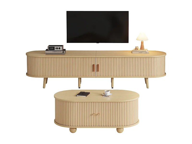 Ensemble Meuble TV + table basse ovale - portes coulissantes - Bois MDF - Couleur bois