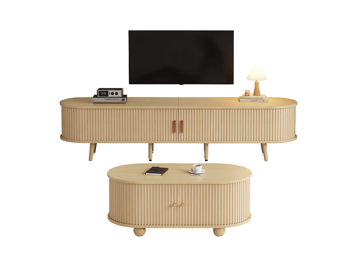 Ensemble Meuble TV + table basse ovale - portes coulissantes - Bois MDF - Couleur bois