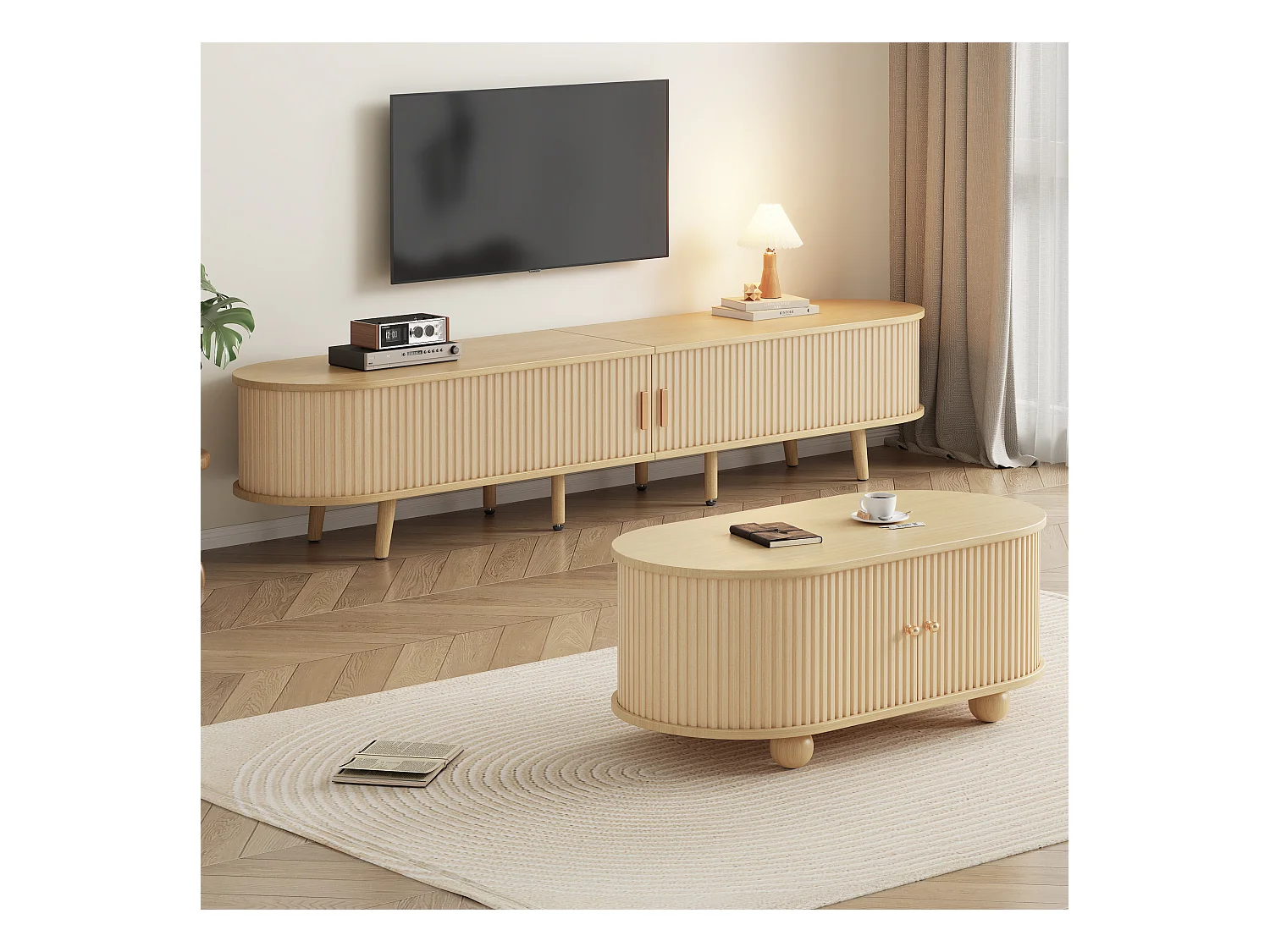 Ensemble Meuble TV + table basse ovale - portes coulissantes - Bois MDF - Couleur bois