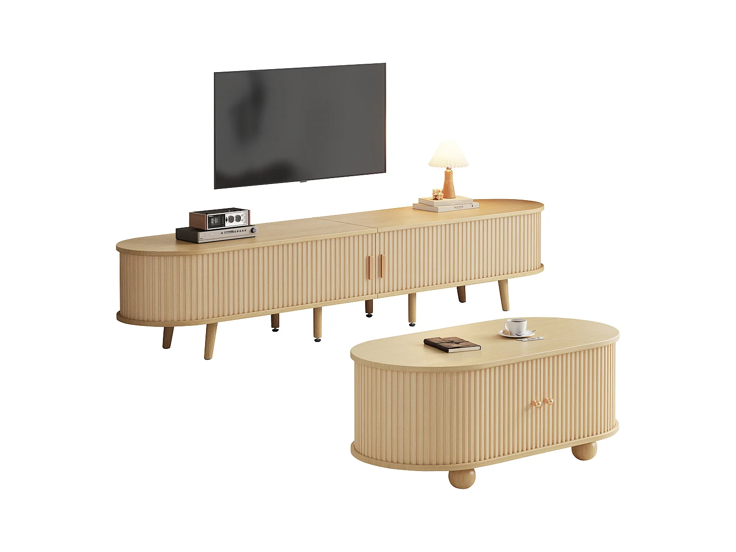 Ensemble Meuble TV + table basse ovale - portes coulissantes - Bois MDF - Couleur bois