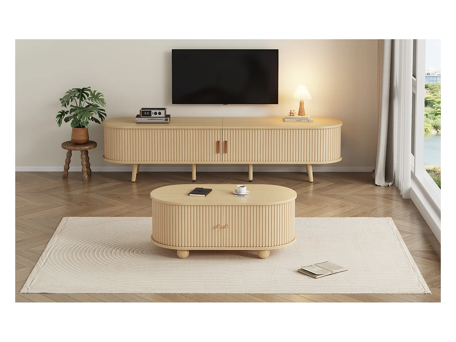 Ensemble Meuble TV + table basse ovale - portes coulissantes - Bois MDF - Couleur bois