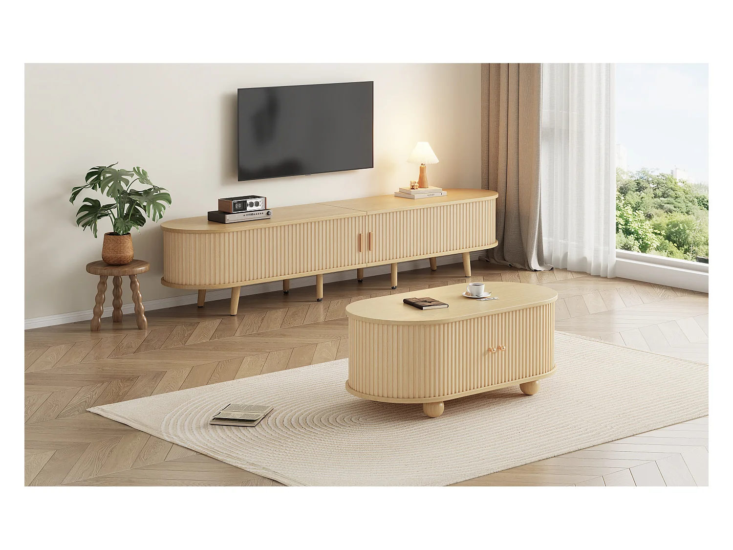 Ensemble Meuble TV + table basse ovale - portes coulissantes - Bois MDF - Couleur bois