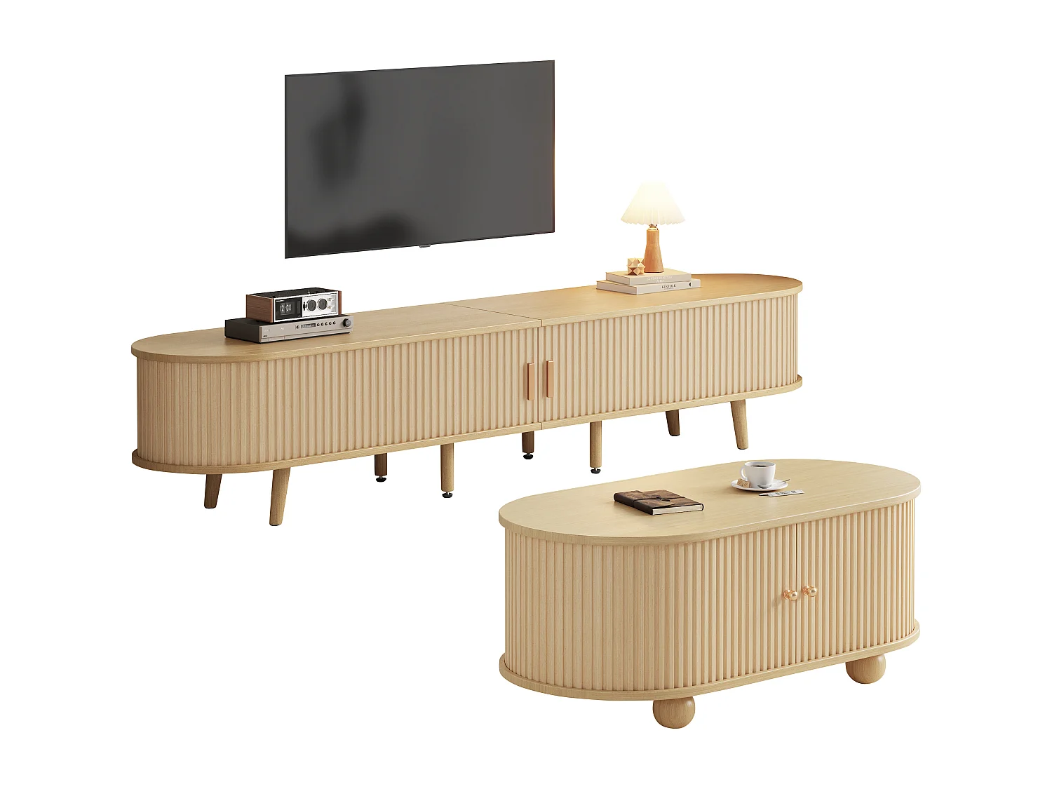 Mobile porta TV + tavolino ovale - ante scorrevoli - legno MDF - colore legno