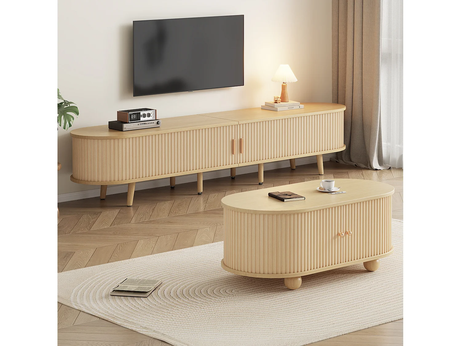 TV Stand & Oval Coffee Table Set – Sliding Doors – MDF – Wood Finish