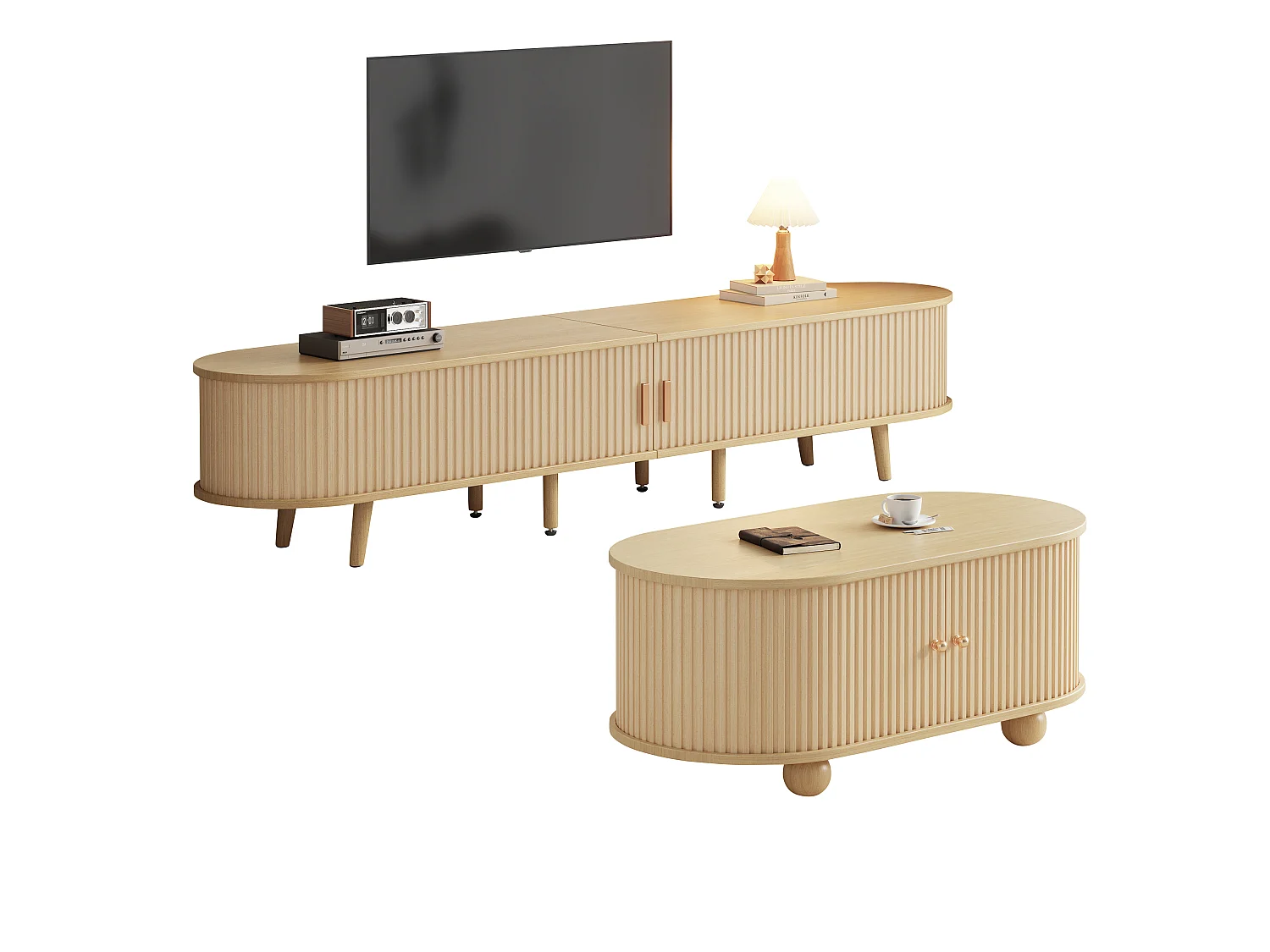 TV Stand & Oval Coffee Table Set – Sliding Doors – MDF – Wood Finish