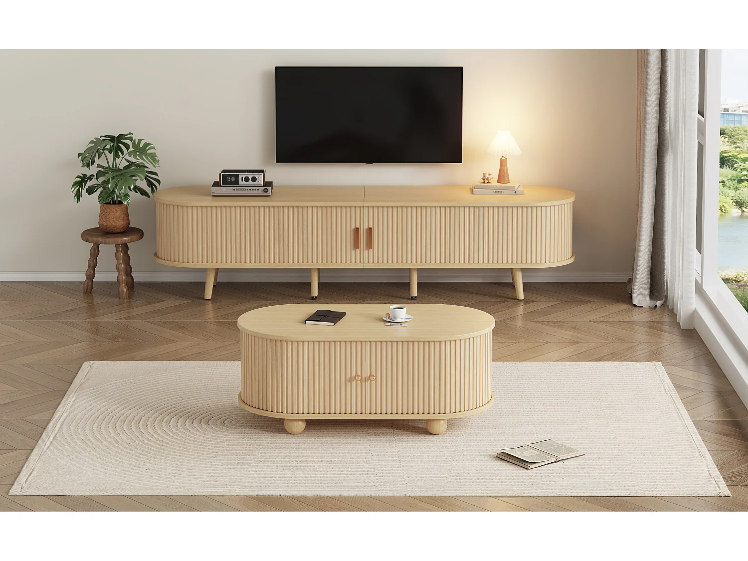 TV Stand & Oval Coffee Table Set – Sliding Doors – MDF – Wood Finish