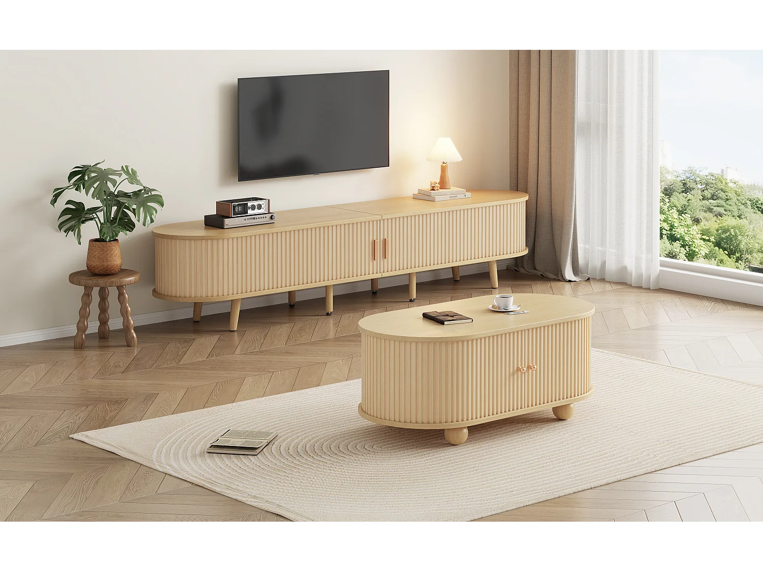TV Stand & Oval Coffee Table Set – Sliding Doors – MDF – Wood Finish