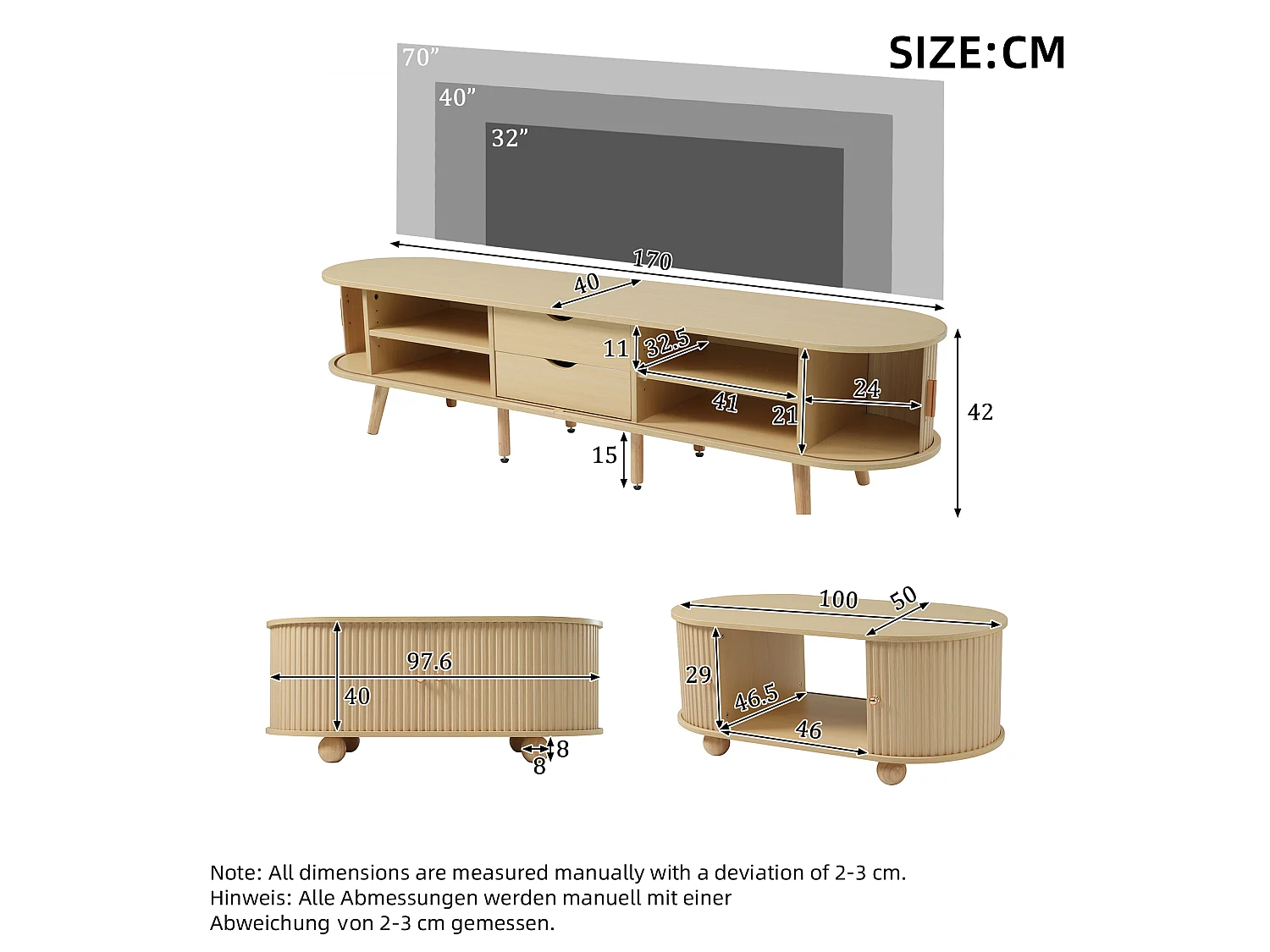 TV Stand & Oval Coffee Table Set – Sliding Doors – MDF – Wood Finish