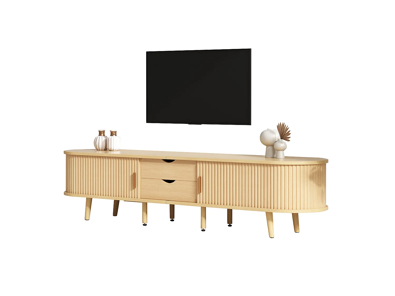 TV Stand & Oval Coffee Table Set – Sliding Doors – MDF – Wood Finish