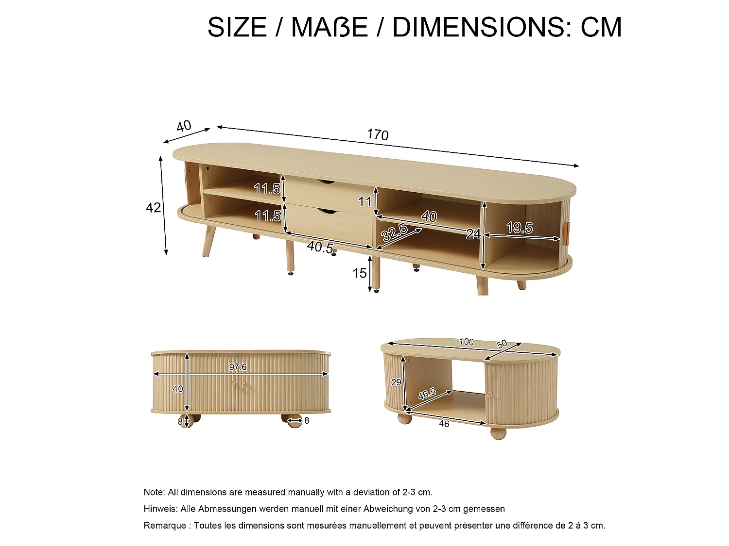 TV Stand & Oval Coffee Table Set – Sliding Doors – MDF – Wood Finish