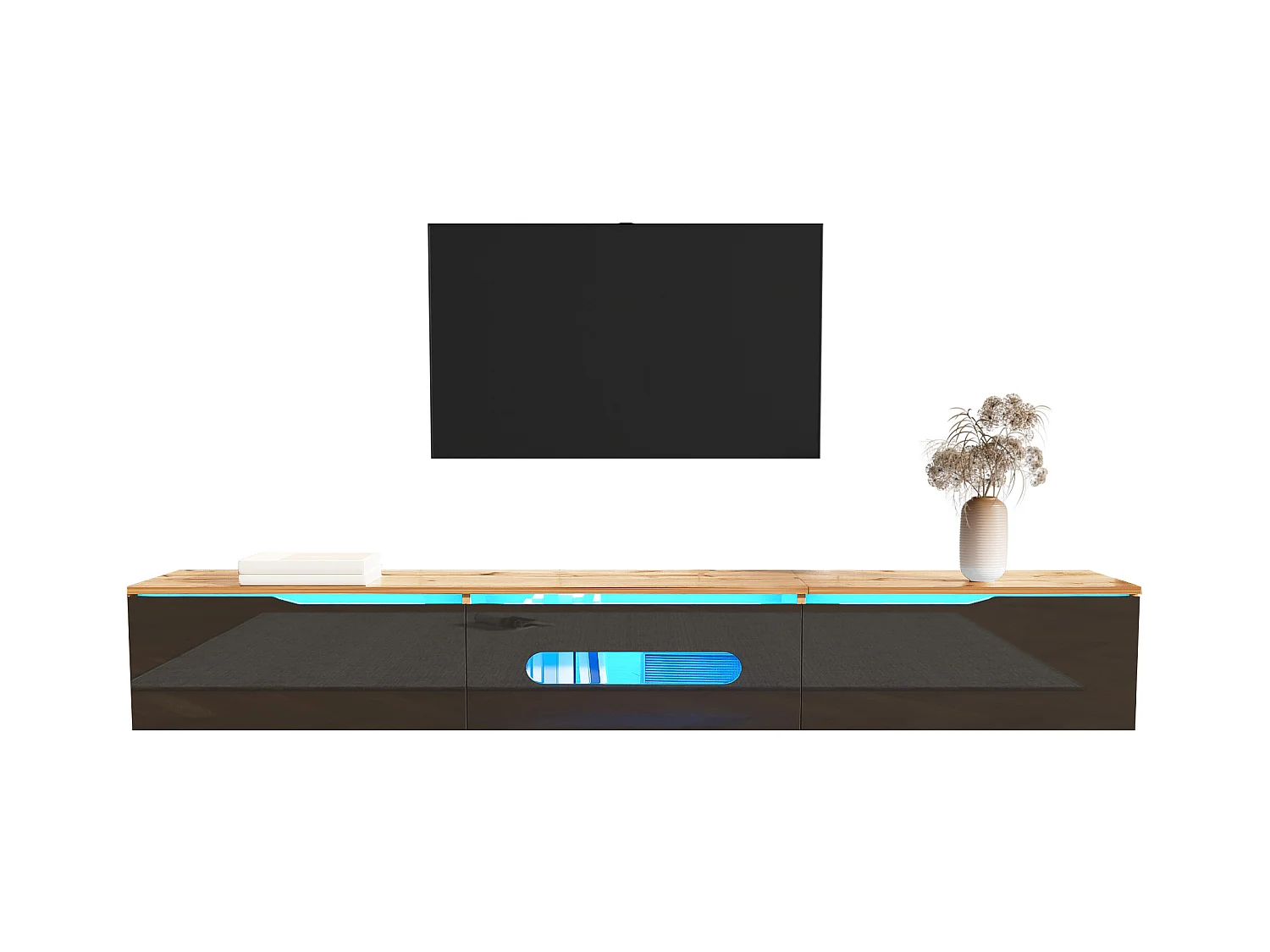 Meuble TV suspendu avec 3 portes - 180 x 35 x 30 cm - LEDs - MDF et panneau de particules - Naturel et noir brillant