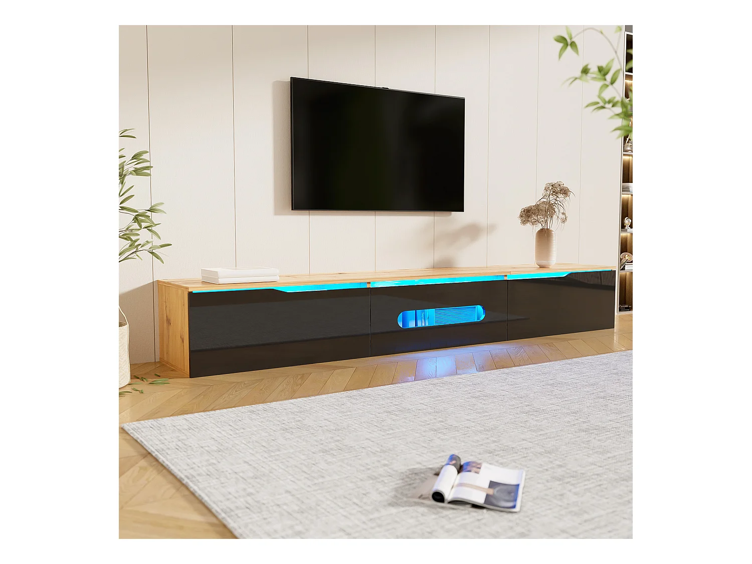 Meuble TV suspendu avec 3 portes - 180 x 35 x 30 cm - LEDs - MDF et panneau de particules - Naturel et noir brillant