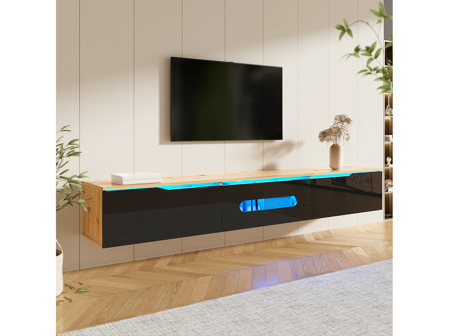 Meuble TV suspendu avec 3 portes - 180 x 35 x 30 cm - LEDs - MDF et panneau de particules - Naturel et noir brillant