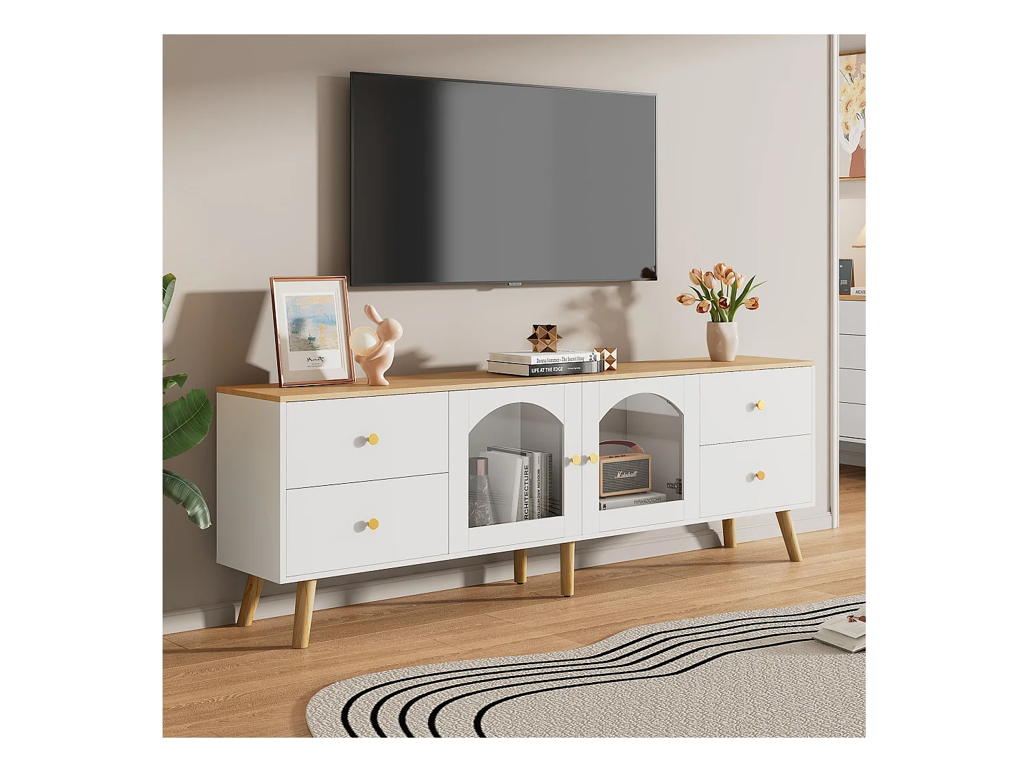 Szafka RTV z 4 szufladami i 2 drzwiami szklanymi - 160 x 40 x 63,5 cm - Płyta wiórowa i nogi drewniane - Biały + naturalny