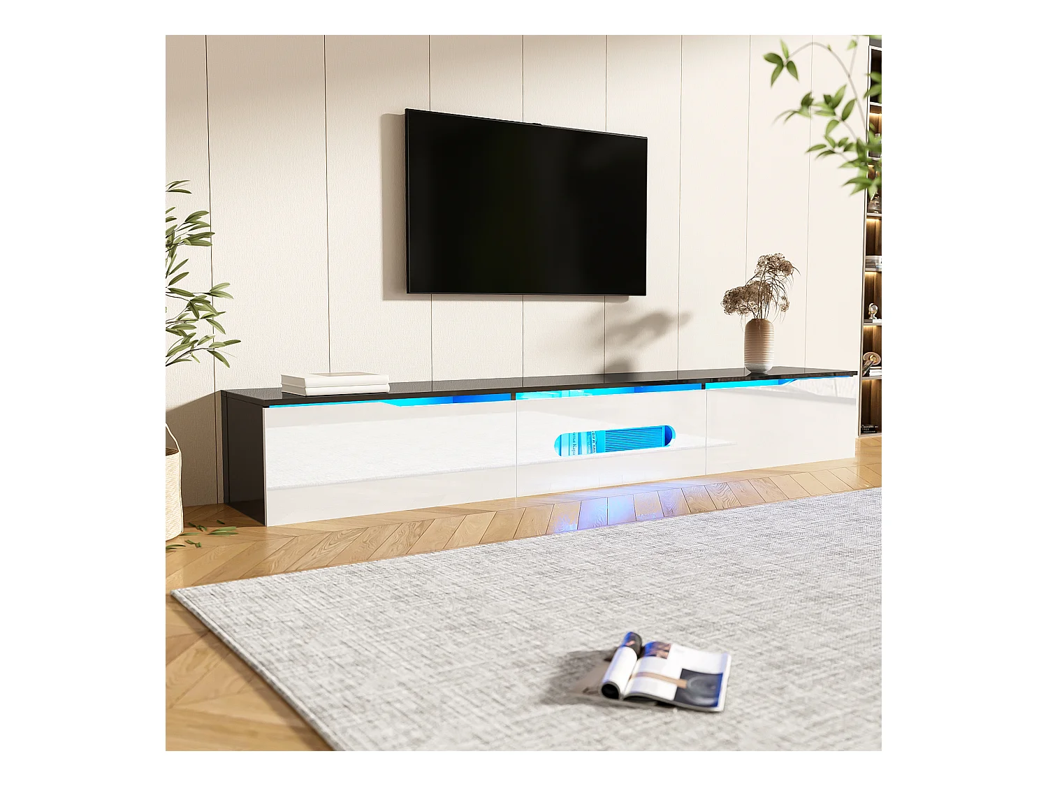 Meuble TV suspendu avec 3 portes - 180 x 35 x 30 cm - LEDs - MDF et panneau de particules - Noir et blanc brillant