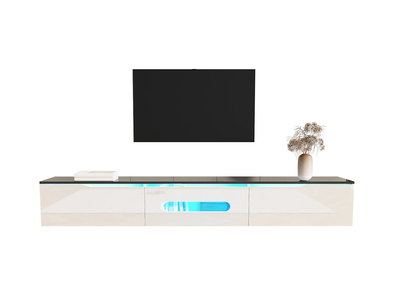 Meuble TV suspendu avec 3 portes - 180 x 35 x 30 cm - LEDs - MDF et panneau de particules - Noir et blanc brillant