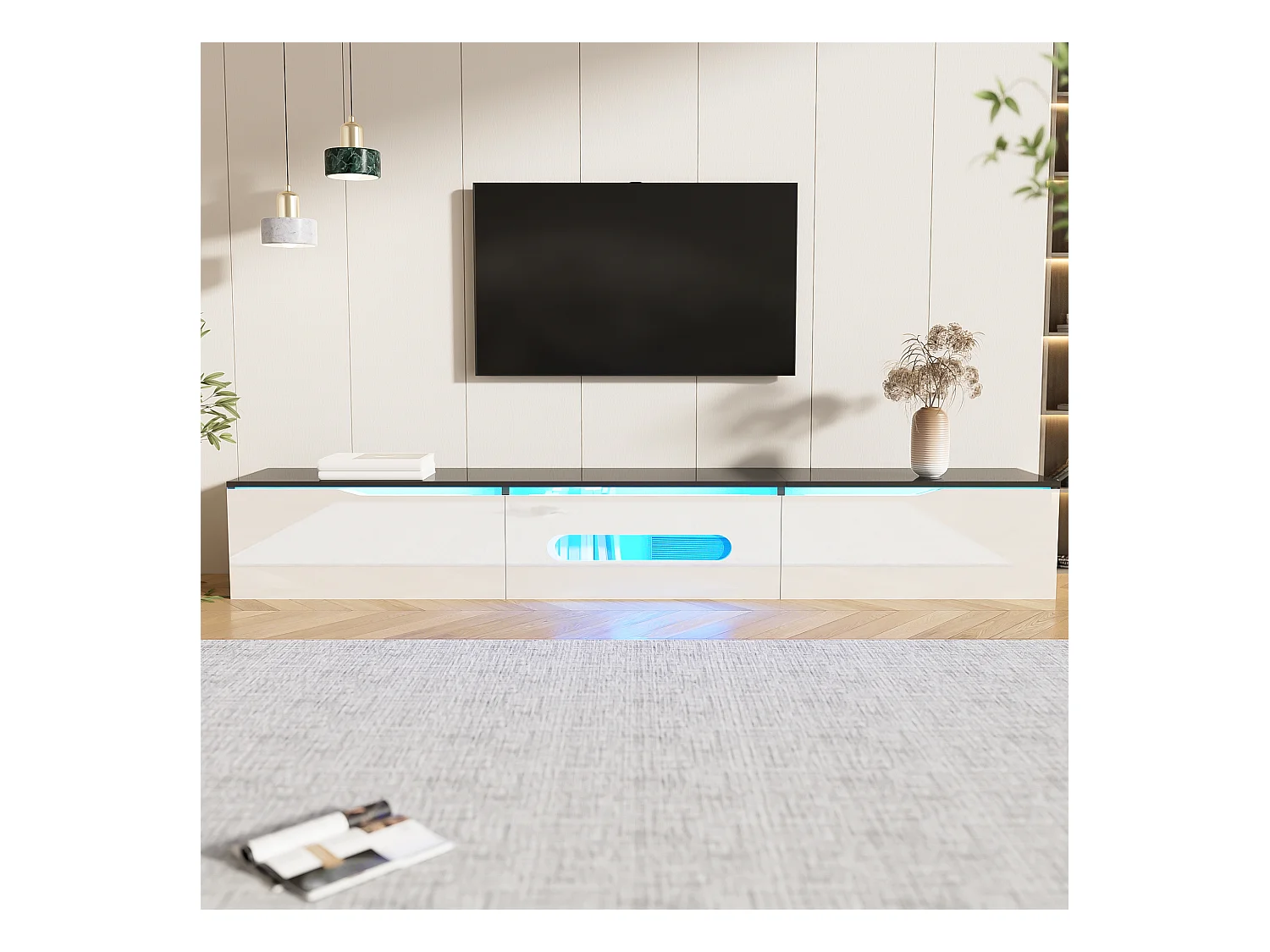 Meuble TV suspendu avec 3 portes - 180 x 35 x 30 cm - LEDs - MDF et panneau de particules - Noir et blanc brillant