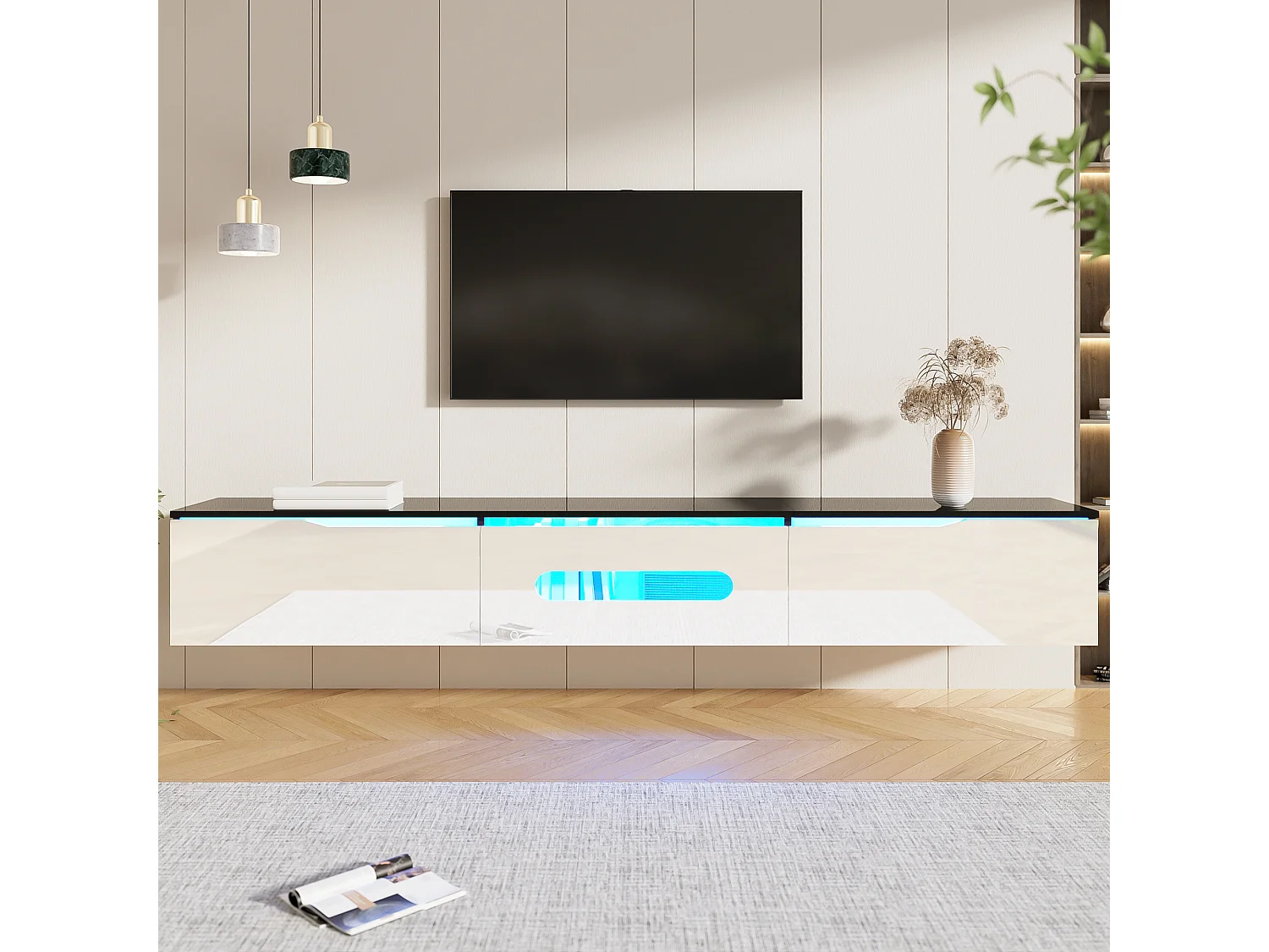 Meuble TV suspendu avec 3 portes - 180 x 35 x 30 cm - LEDs - MDF et panneau de particules - Noir et blanc brillant