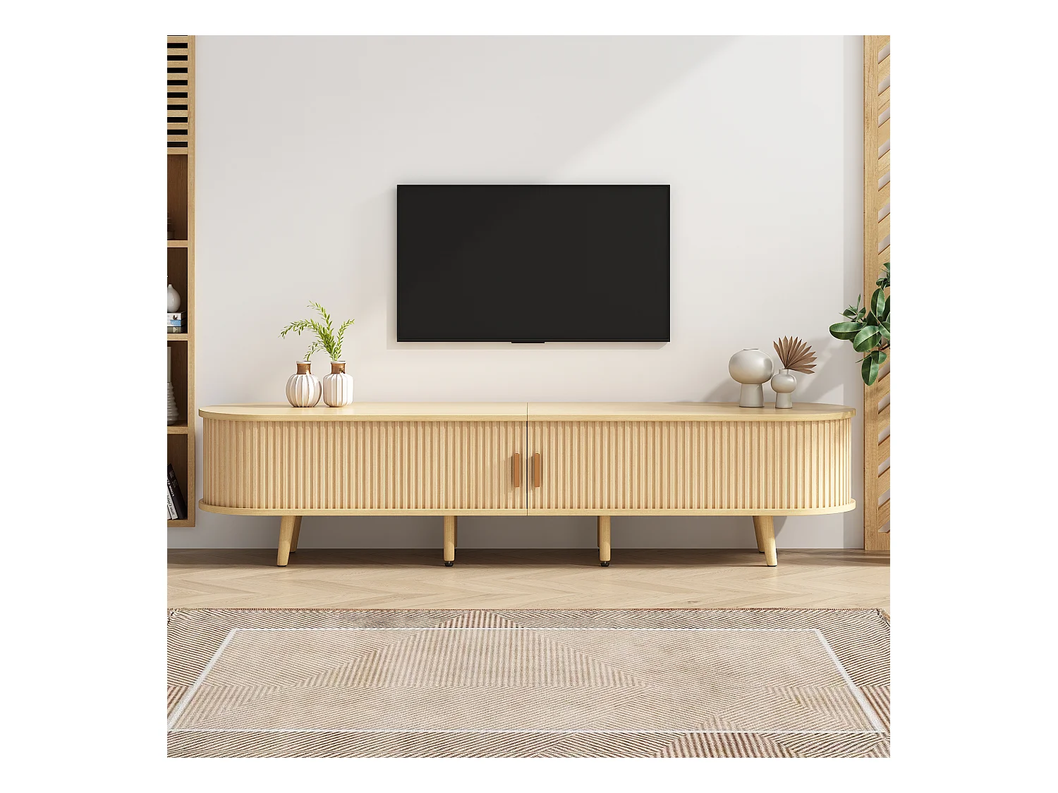 Meuble TV avec 2 portes coulissantes en forme ovale - 175 x 40 x 42cm - Bois MDF - Couleur bois