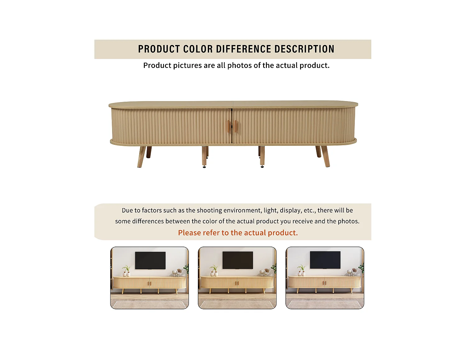 Meuble TV avec 2 portes coulissantes en forme ovale - 175 x 40 x 42cm - Bois MDF - Couleur bois