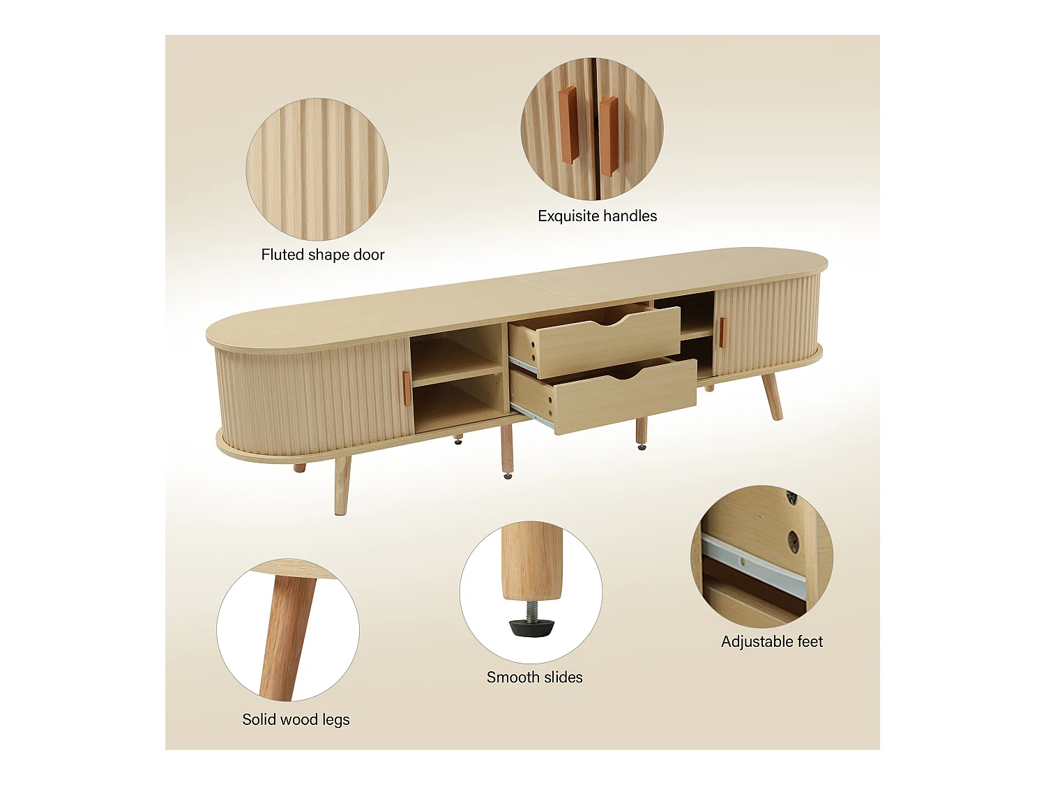 Meuble TV avec 2 portes coulissantes en forme ovale - 175 x 40 x 42cm - Bois MDF - Couleur bois