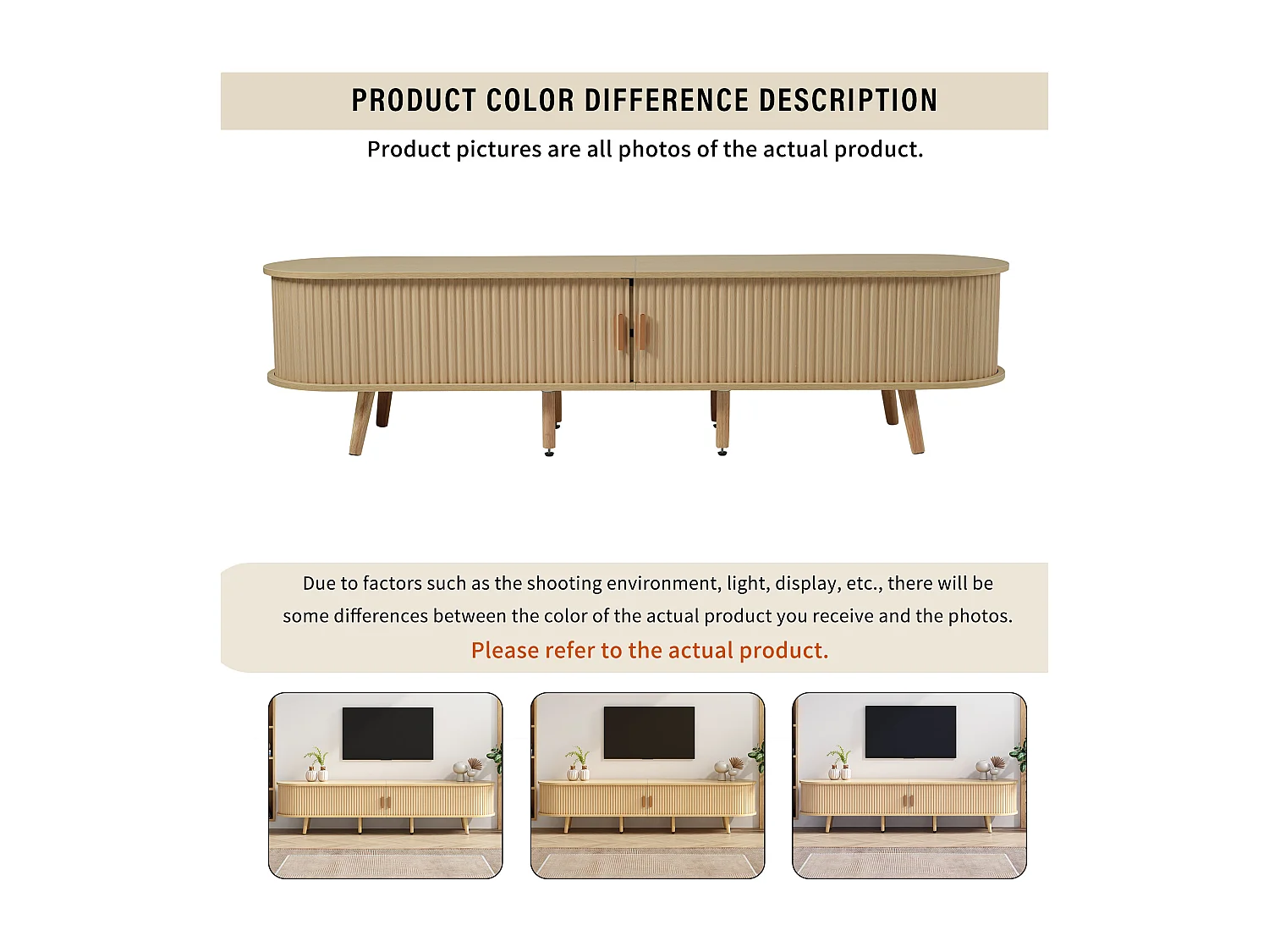 Meuble TV avec 2 portes coulissantes en forme ovale - 175 x 40 x 42cm - Bois MDF - Couleur bois