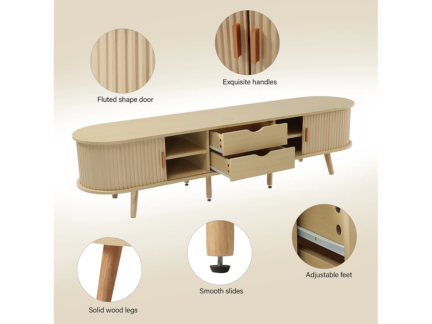 Ovales TV-Möbel mit 2 Schiebetüren – 170 x 40 x 42 cm – MDF – Holzoptik