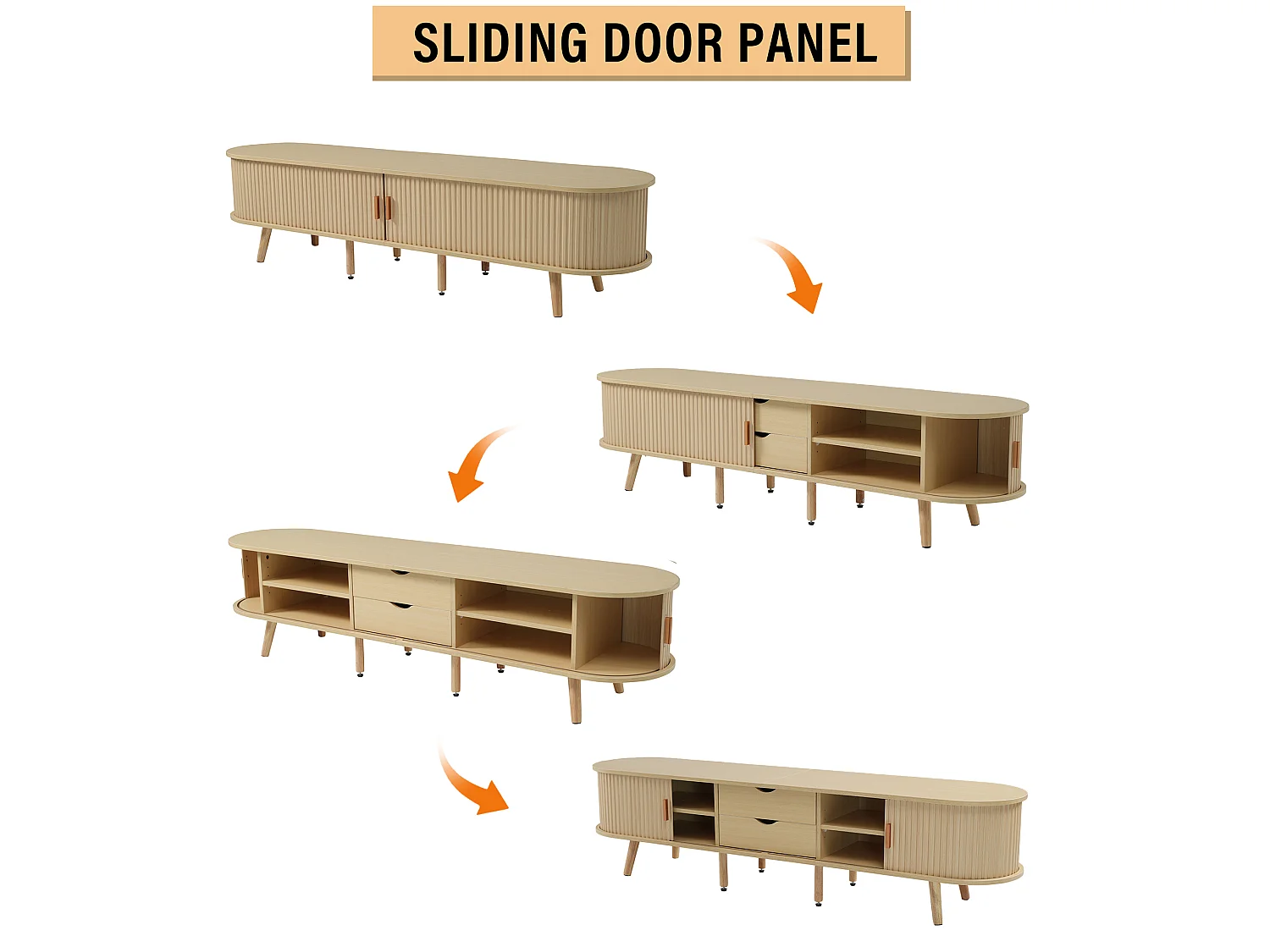 Ovales TV-Möbel mit 2 Schiebetüren – 170 x 40 x 42 cm – MDF – Holzoptik