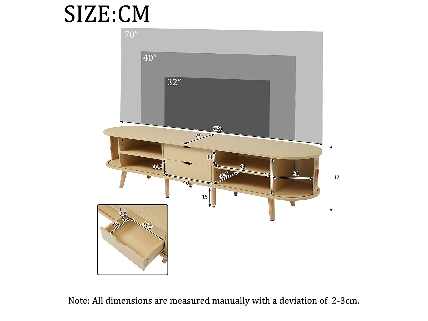 Ovales TV-Möbel mit 2 Schiebetüren – 170 x 40 x 42 cm – MDF – Holzoptik