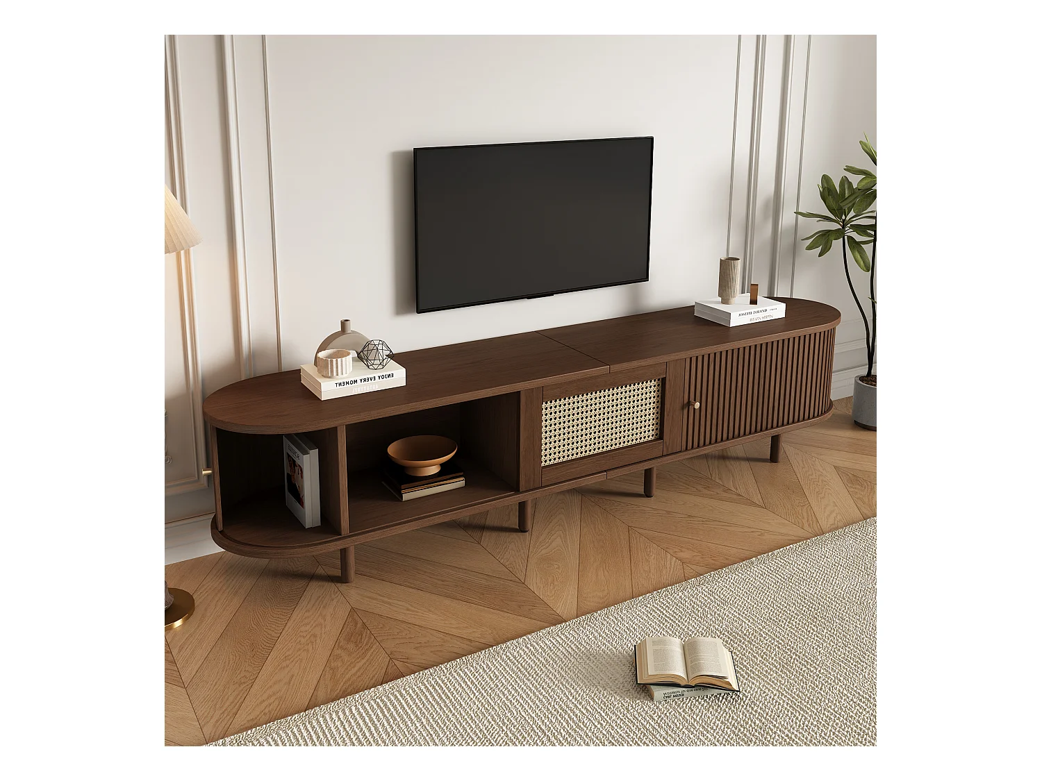 Mobile TV ovale con 2 ante scorrevoli e 1 cassetto in rattan - 180 x 40 x 40 cm - Legno MDF - Noce scuro