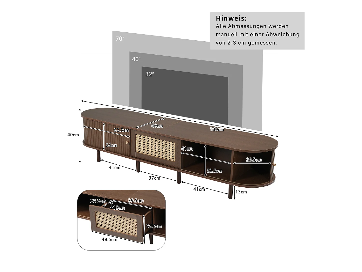 Mobile TV ovale con 2 ante scorrevoli e 1 cassetto in rattan - 180 x 40 x 40 cm - Legno MDF - Noce scuro